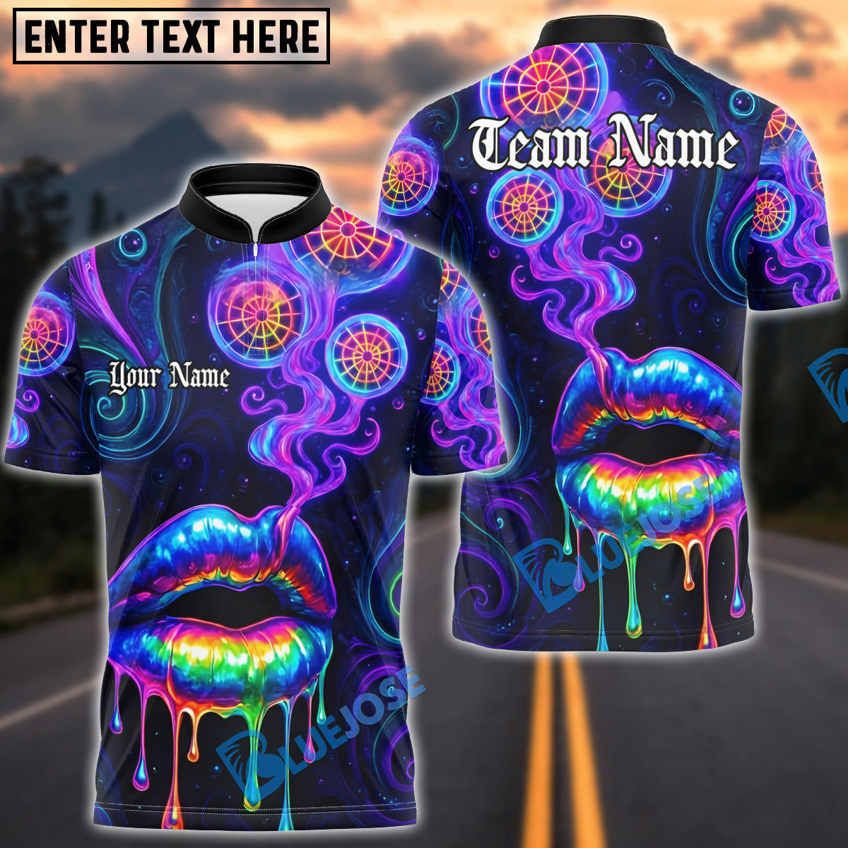 BlueJose Darts Neon Lips Smoke Psychedelic Personalized Name, Team Name Unisex Shirt (4 Colors)