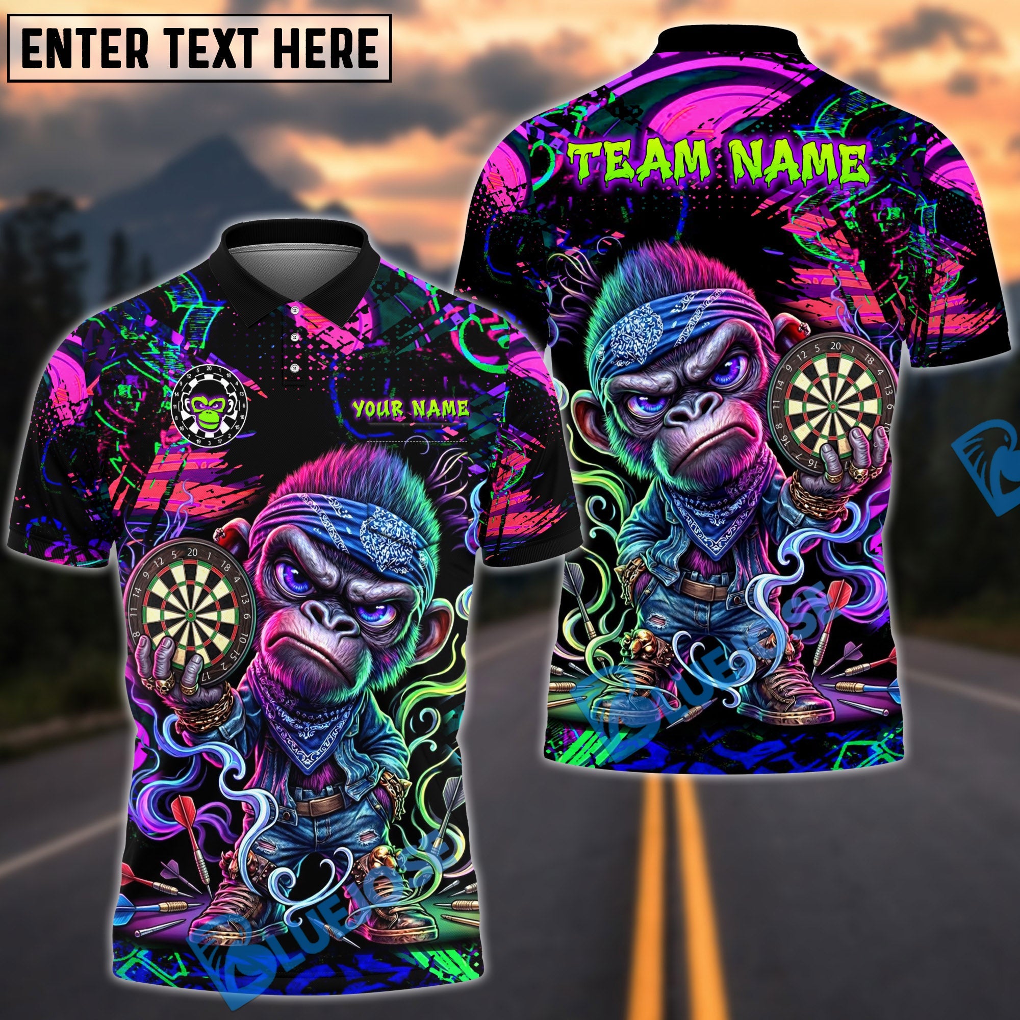 BlueJose Darts Angry Monkey Neon Graffiti Personalized Name Shirt