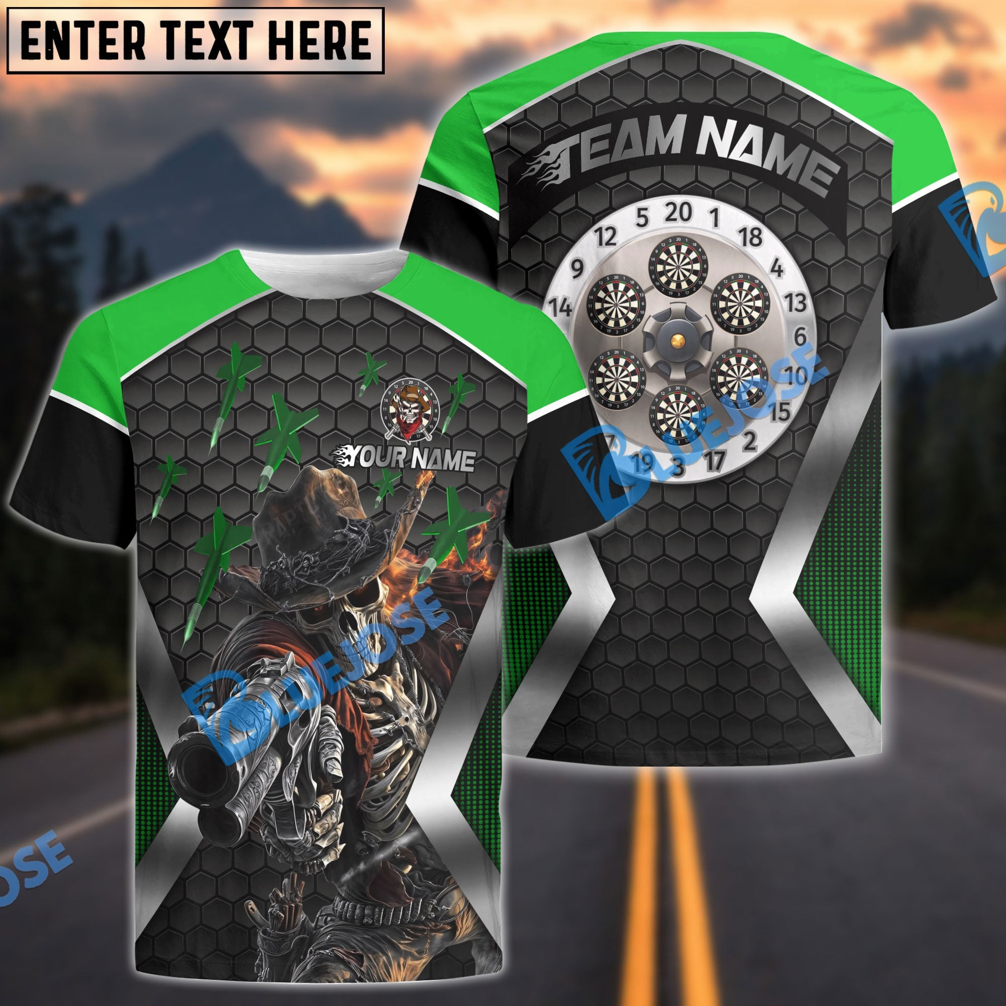 BlueJose Darts Skull Cowboy Personalized Name, Team Name Shirt (4 Colors)