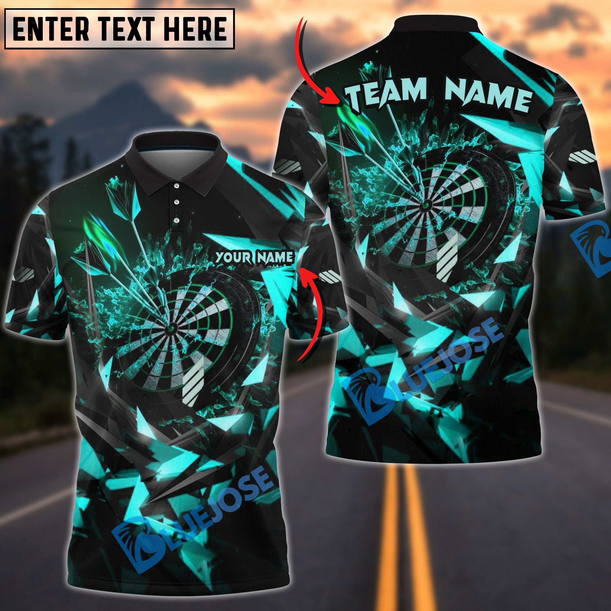BlueJose Thunder Rising Darts Personalized Name, Team Name Pocket Shirt (6 Colors)