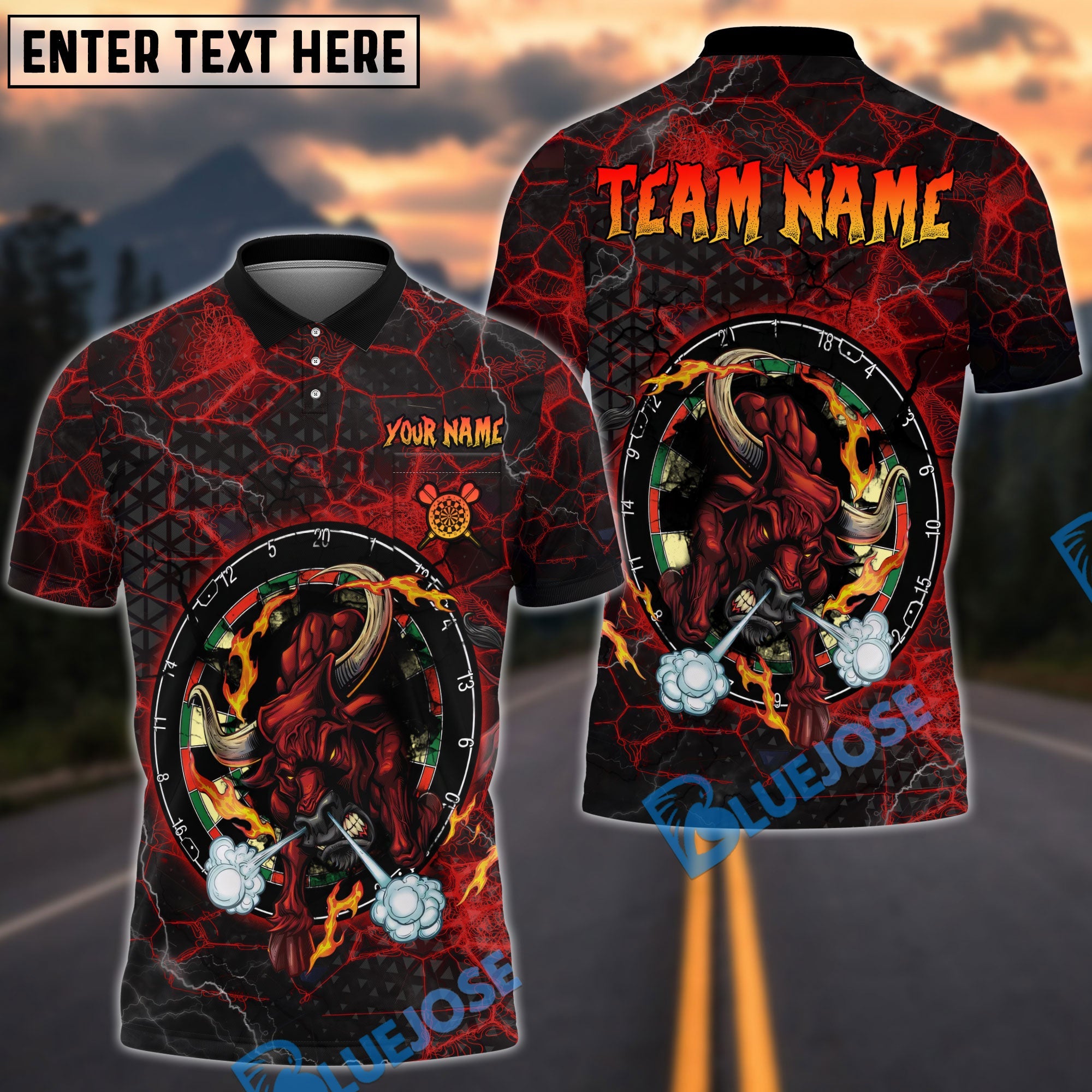 BlueJose Darts Fire Red Bull Personalized Name, Team Name Shirt (4 Colors)
