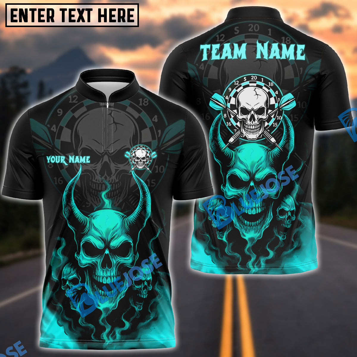 BlueJose Darts Demon Skull Fire Personalized Name, Team Name Shirt (4 Colors)
