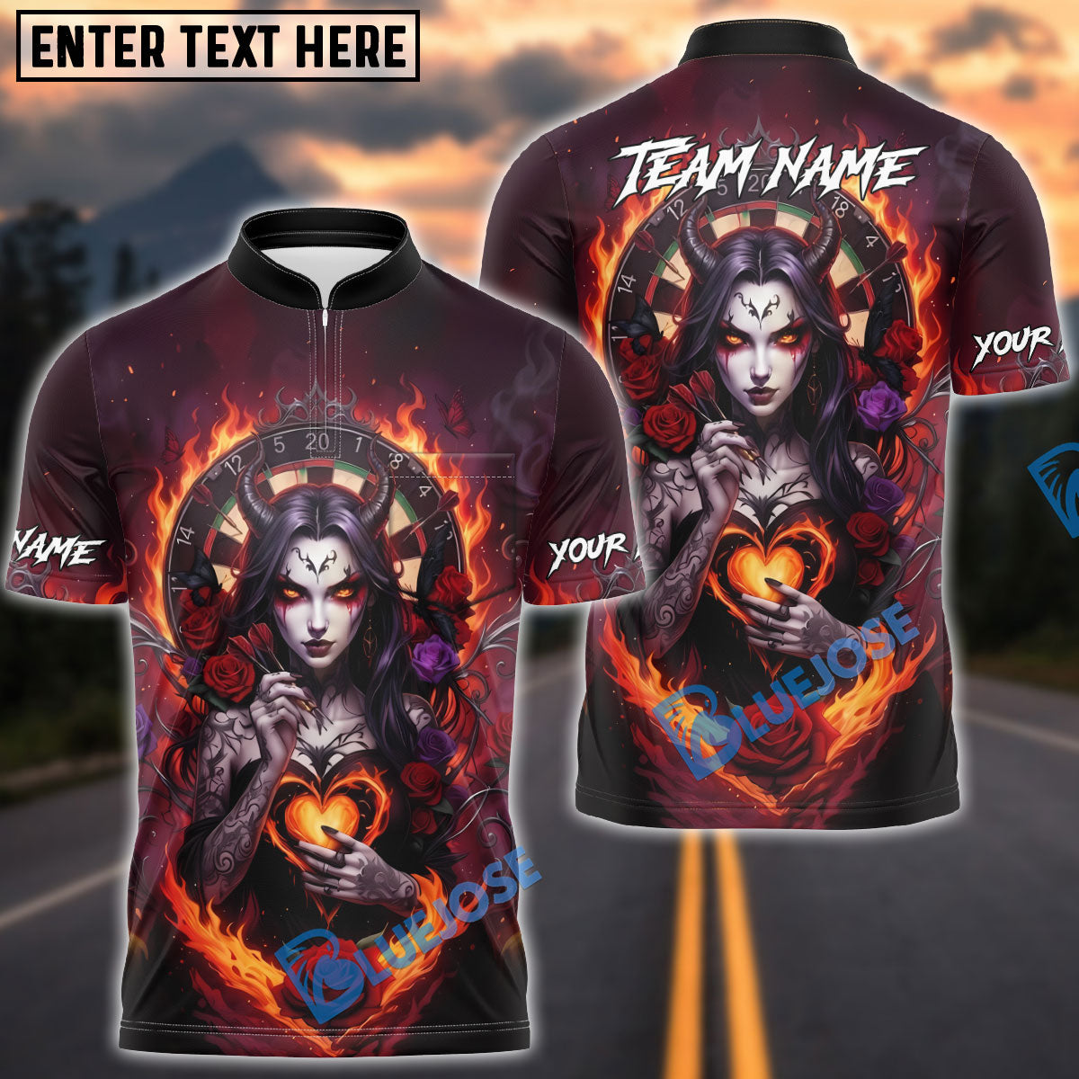 BlueJose Darts Dark Demon Fire Heart Gothic Multicolor Options Personalized Name Shirt (4 Colors)