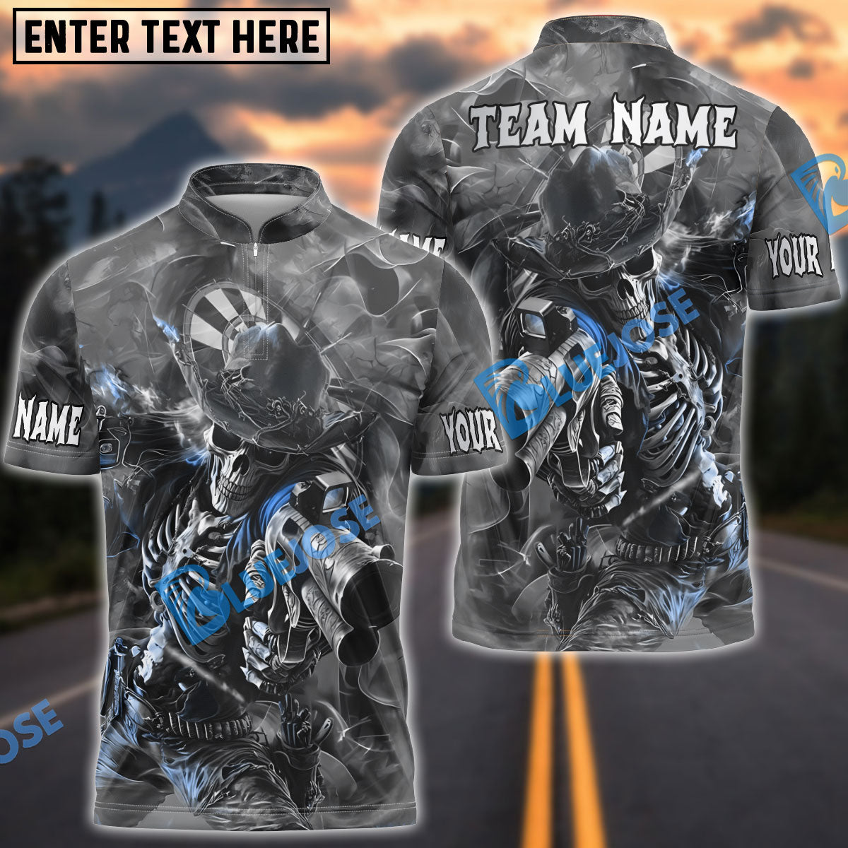 BlueJose Darts Skeleton Gunslinger Customized Name, Team Name 3D Shirt (4 Colors)