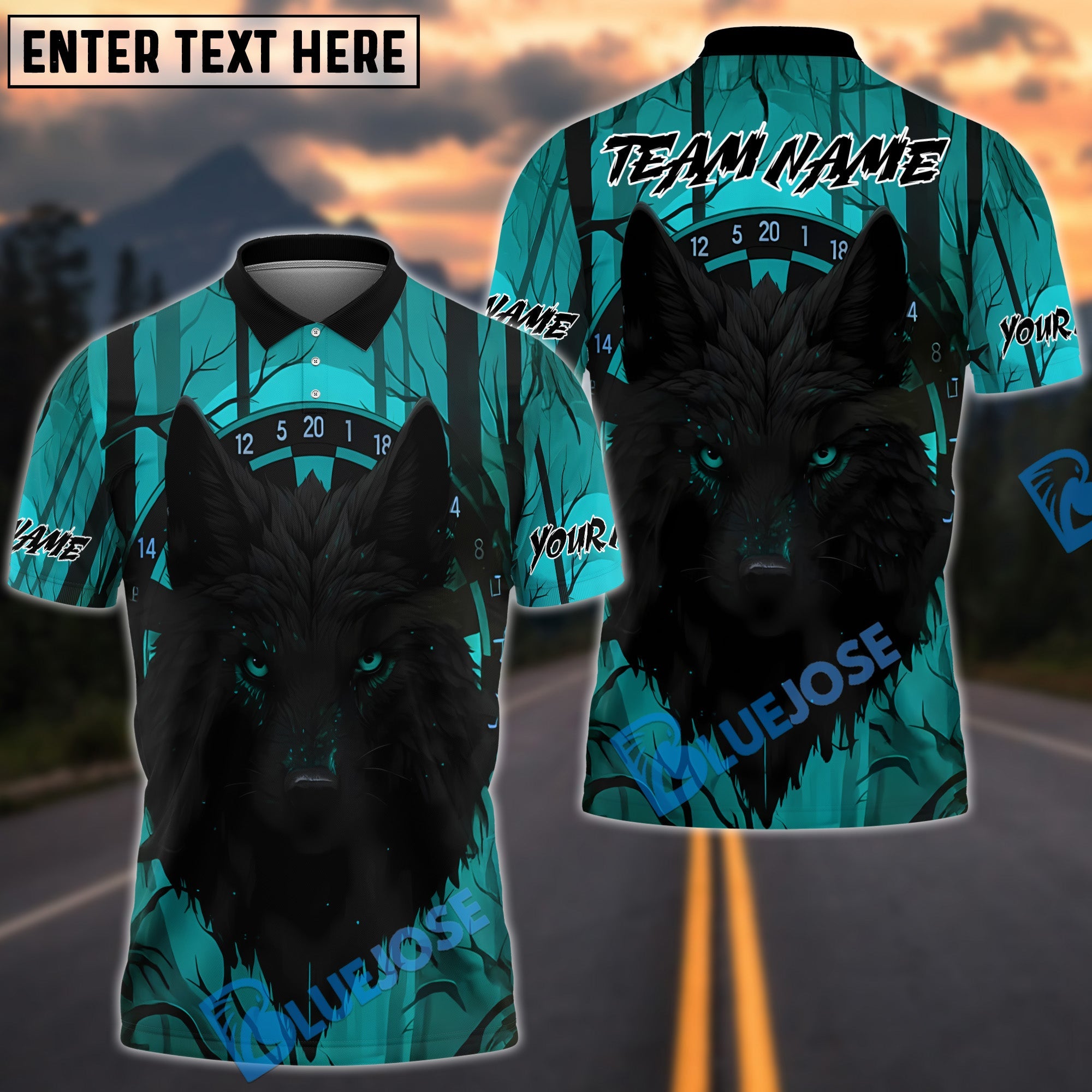 BlueJose Darts Wolf Dark Jungle Personalized Name, Team Name Shirt (4 Colors)