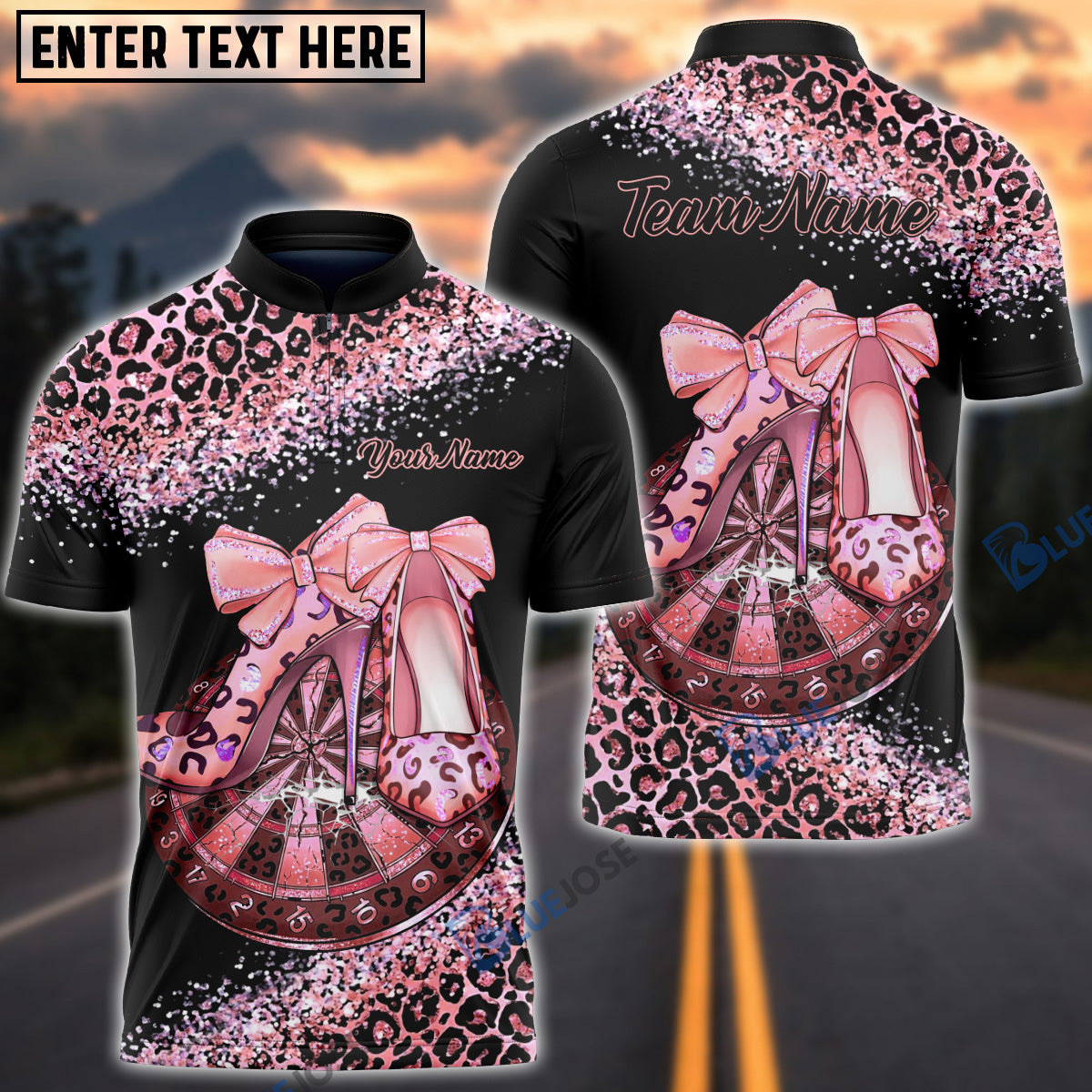 BlueJose Darts Leopard High Heels Glam Design Multicolor Options Personalized Name Shirt (6 Colors)