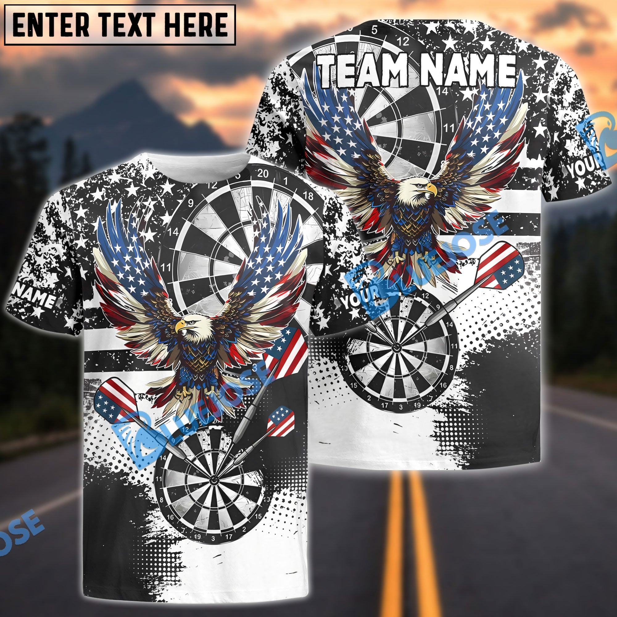 BlueJose Darts Grunge Eagle American Flag Black White Personalized Name, Team Name Shirt