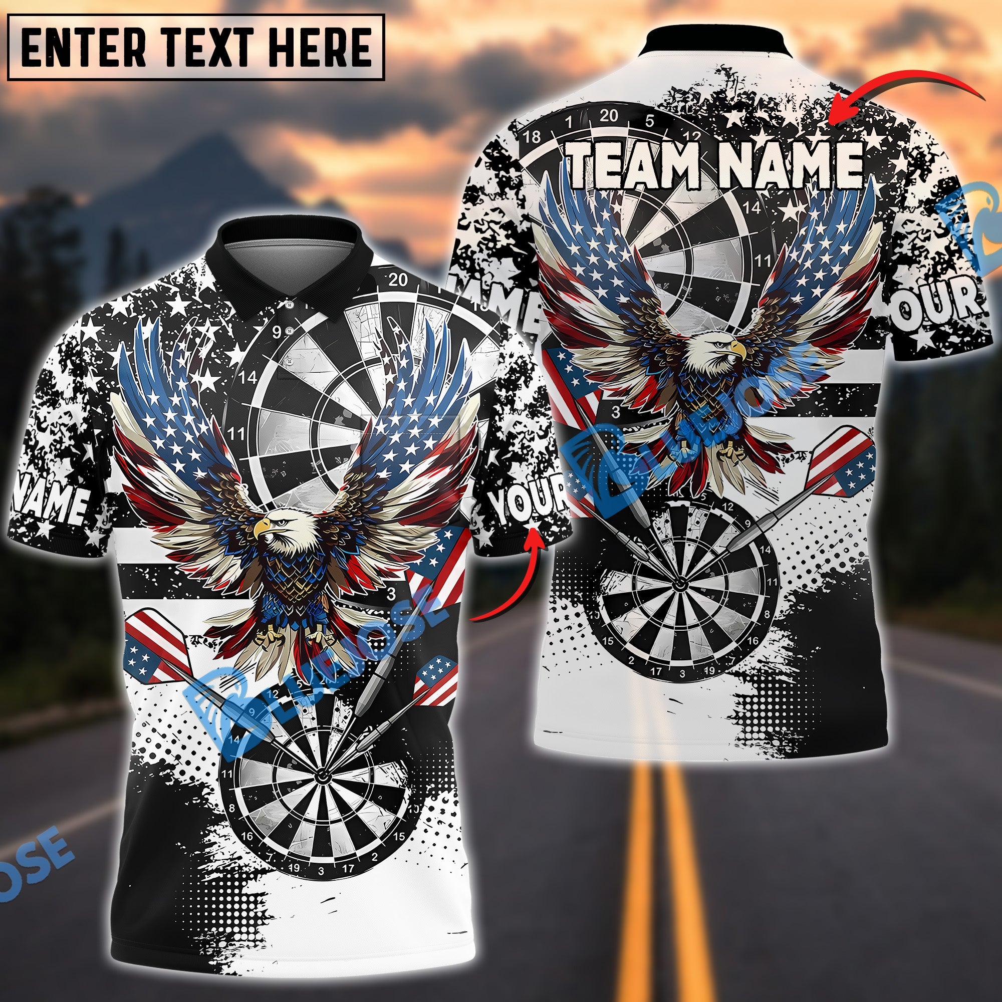 BlueJose Darts Grunge Eagle American Flag Black White Personalized Name, Team Name Shirt