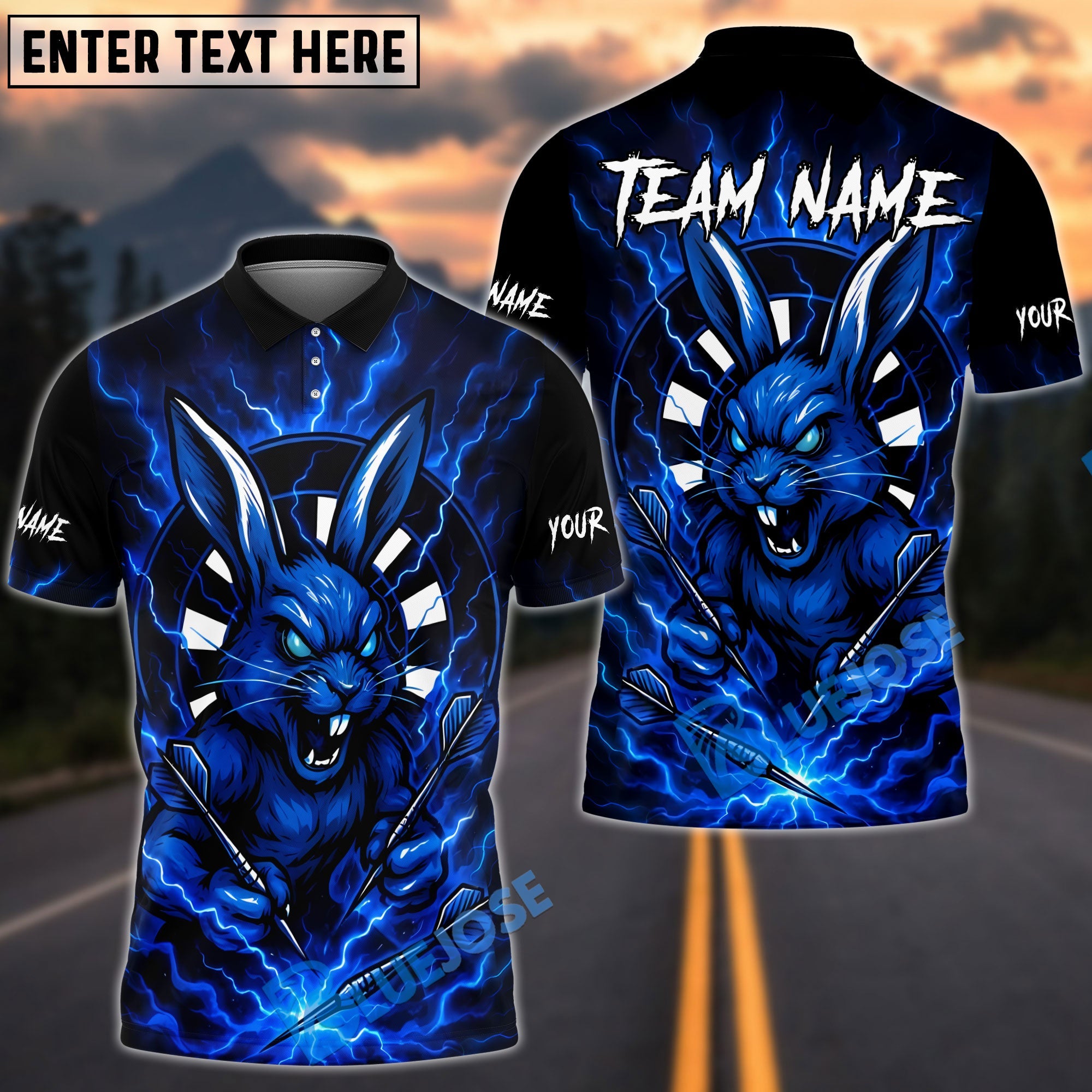 BlueJose Darts Savage Rabbit Electric Personalized Name, Team Name Shirt (4 Colors)