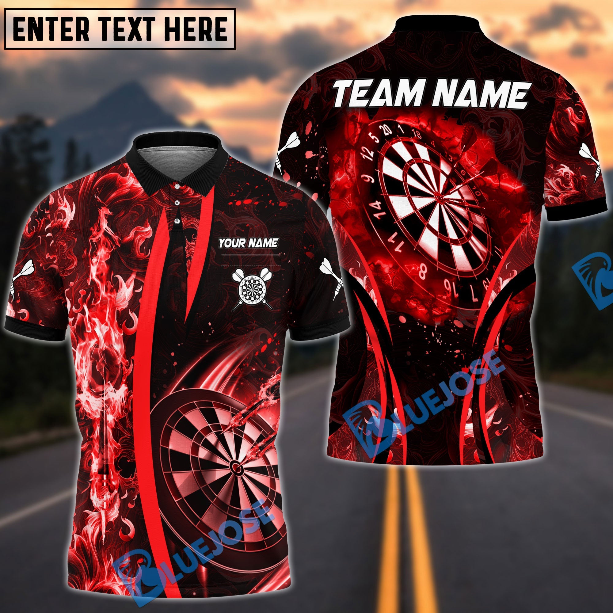 BlueJose Darts Flame Dartboard Fire Arrow Down Multicolor Options Personalized Name Shirt (4 Colors)