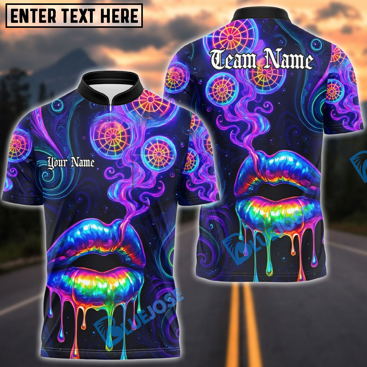 BlueJose Darts Neon Lips Smoke Psychedelic Personalized Name, Team Name Unisex Shirt (4 Colors)