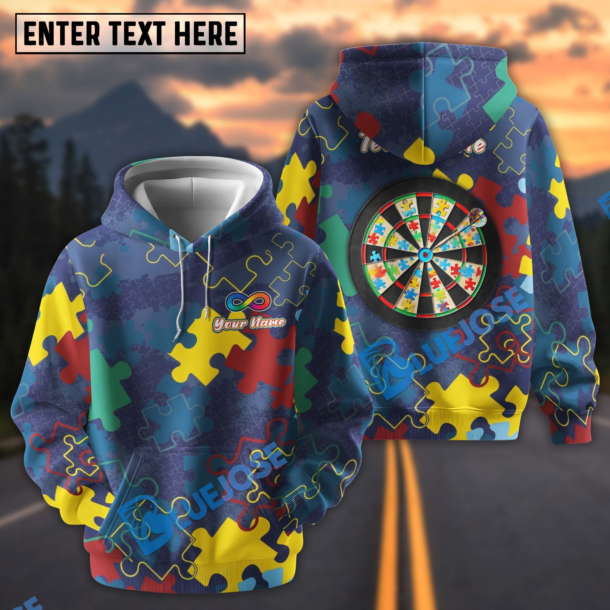 BlueJose Darts Autism Awareness Puzzle Dartboard Personalized Name Shirt