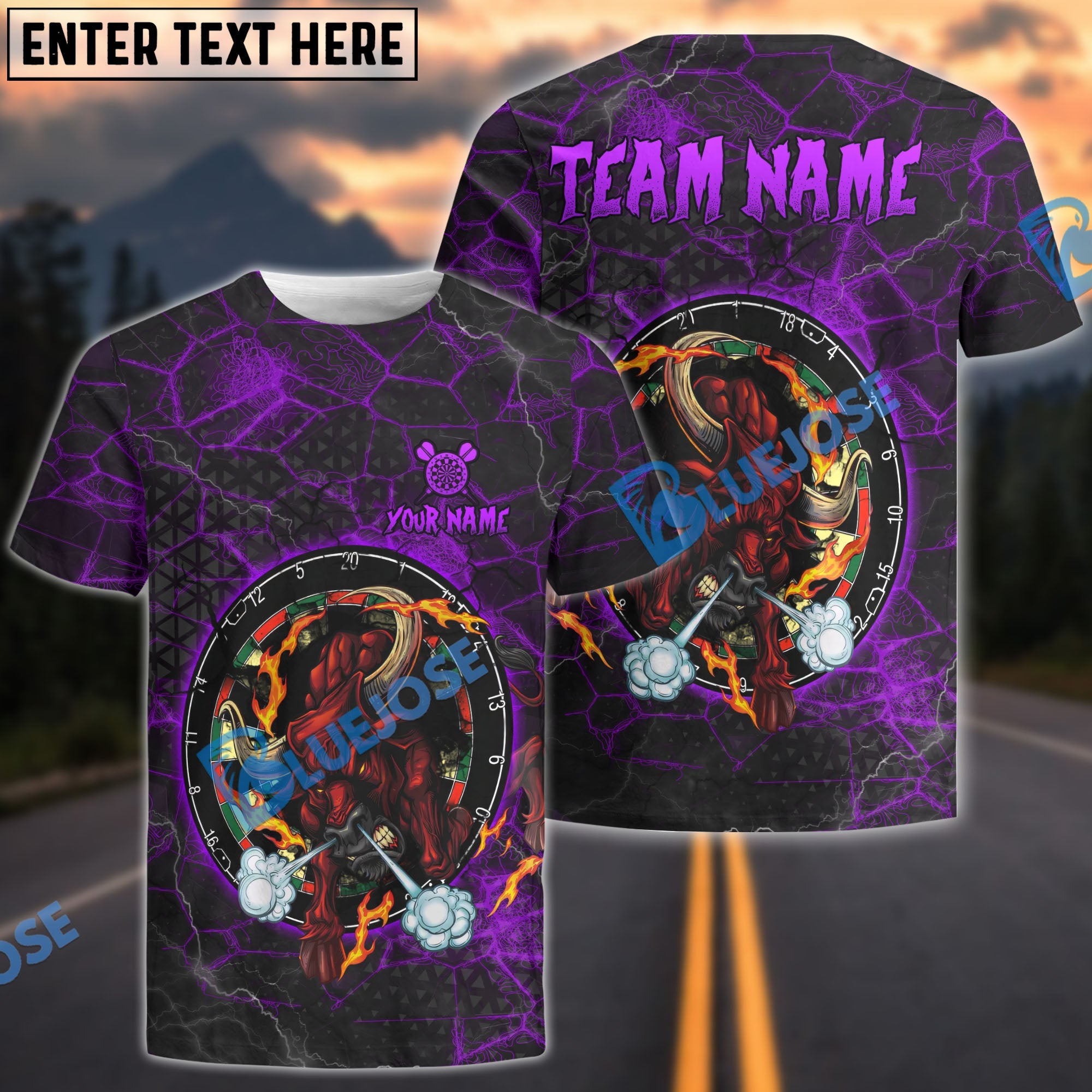 BlueJose Darts Fire Red Bull Personalized Name, Team Name Shirt (4 Colors)