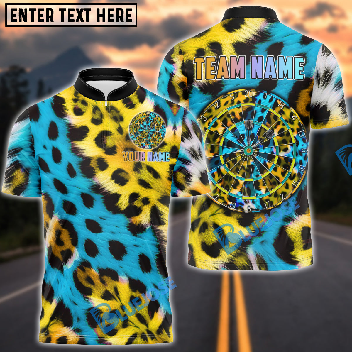 BlueJose Darts Neon Leopard Print Darboard Graphic Multicolor Options Personalized Name Shirt (6 Colors)
