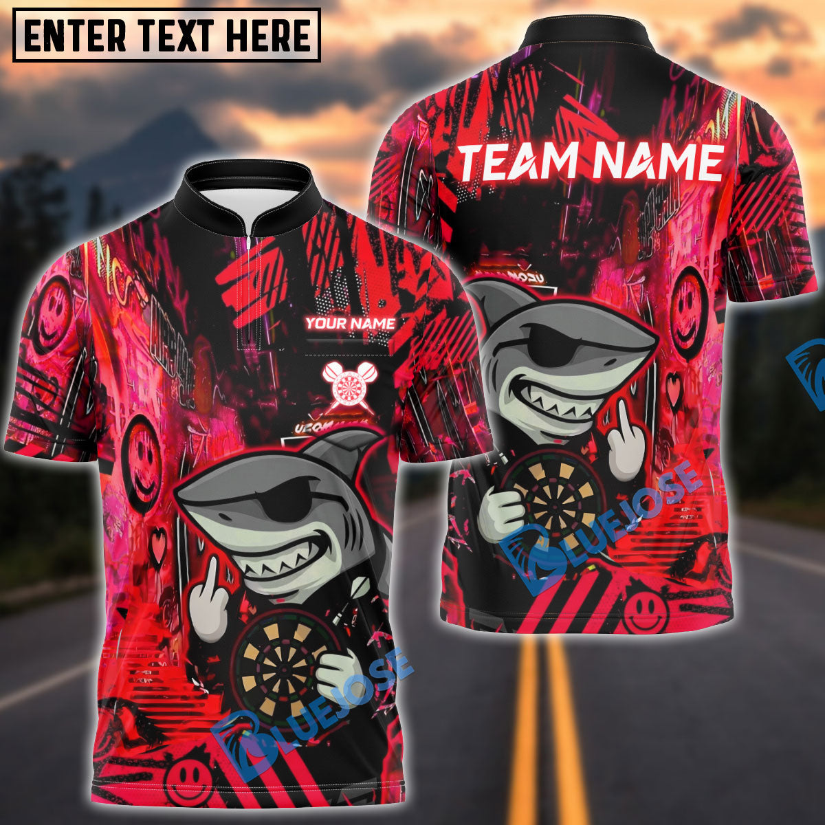 BlueJose Darts Shark Graffiti Neon Style Customized Name, Team Name 3D Shirt (4 Colors)