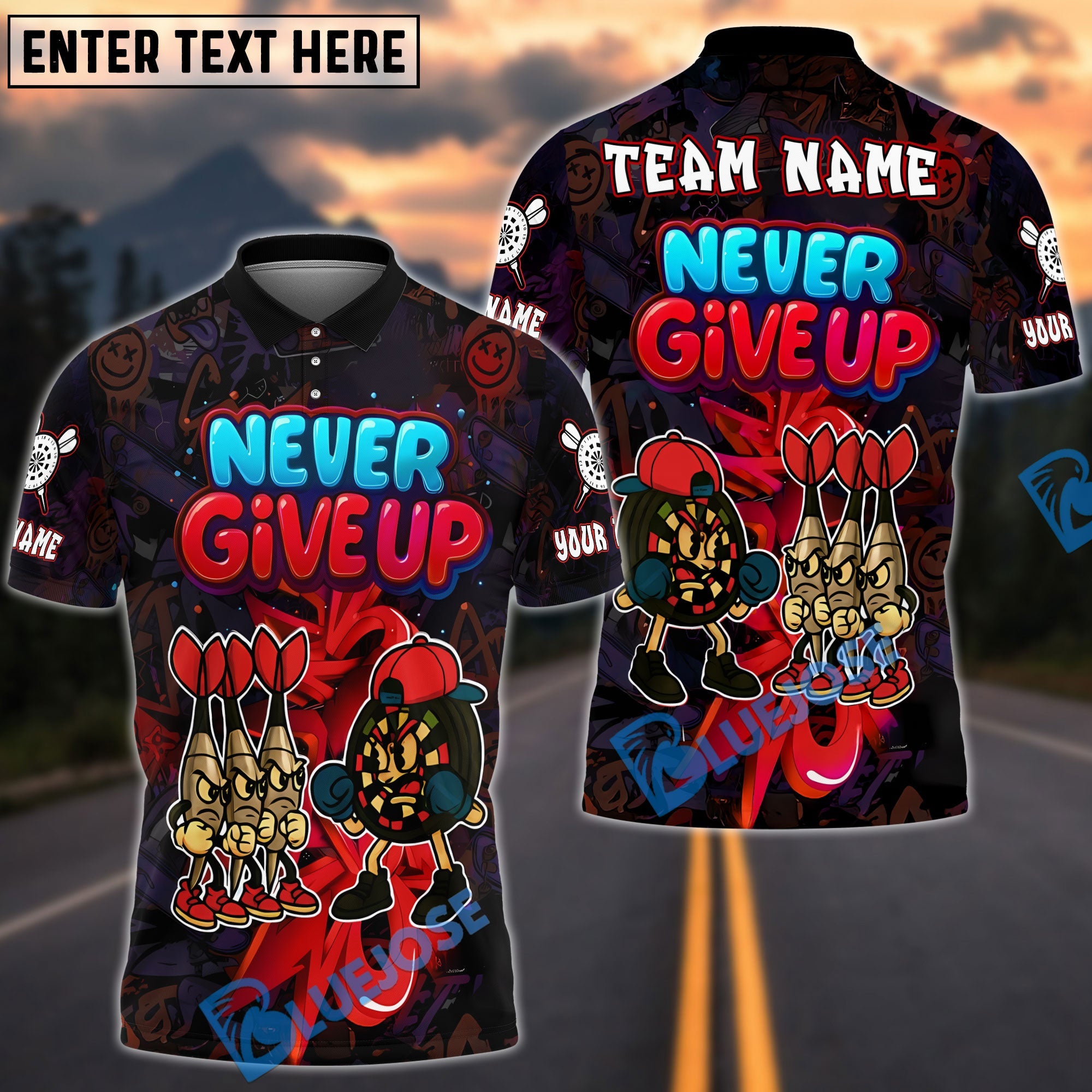 BlueJose Darts Never Give Up Graffiti Style Personalized Name, Team Name Unisex Shirt (4 Colors)