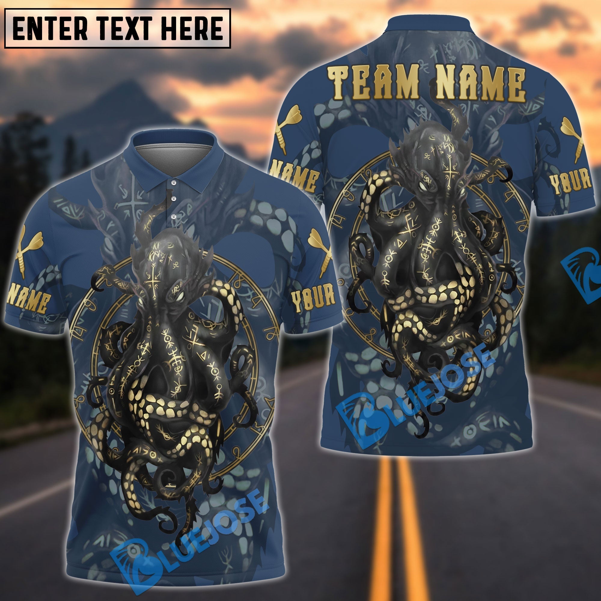BlueJose Darts Dark Octopus Gold Rune Customized Name, Team Name 3D Shirt (4 Colors)