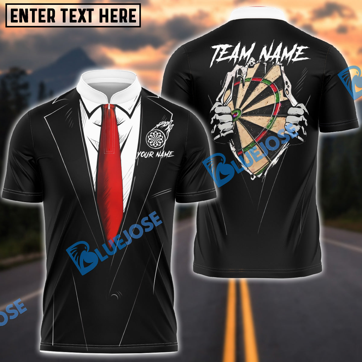 BlueJose Darts Tuxedo Style Hidden Dartboard Customized Name, Team Name 3D Shirt (4 Colors)