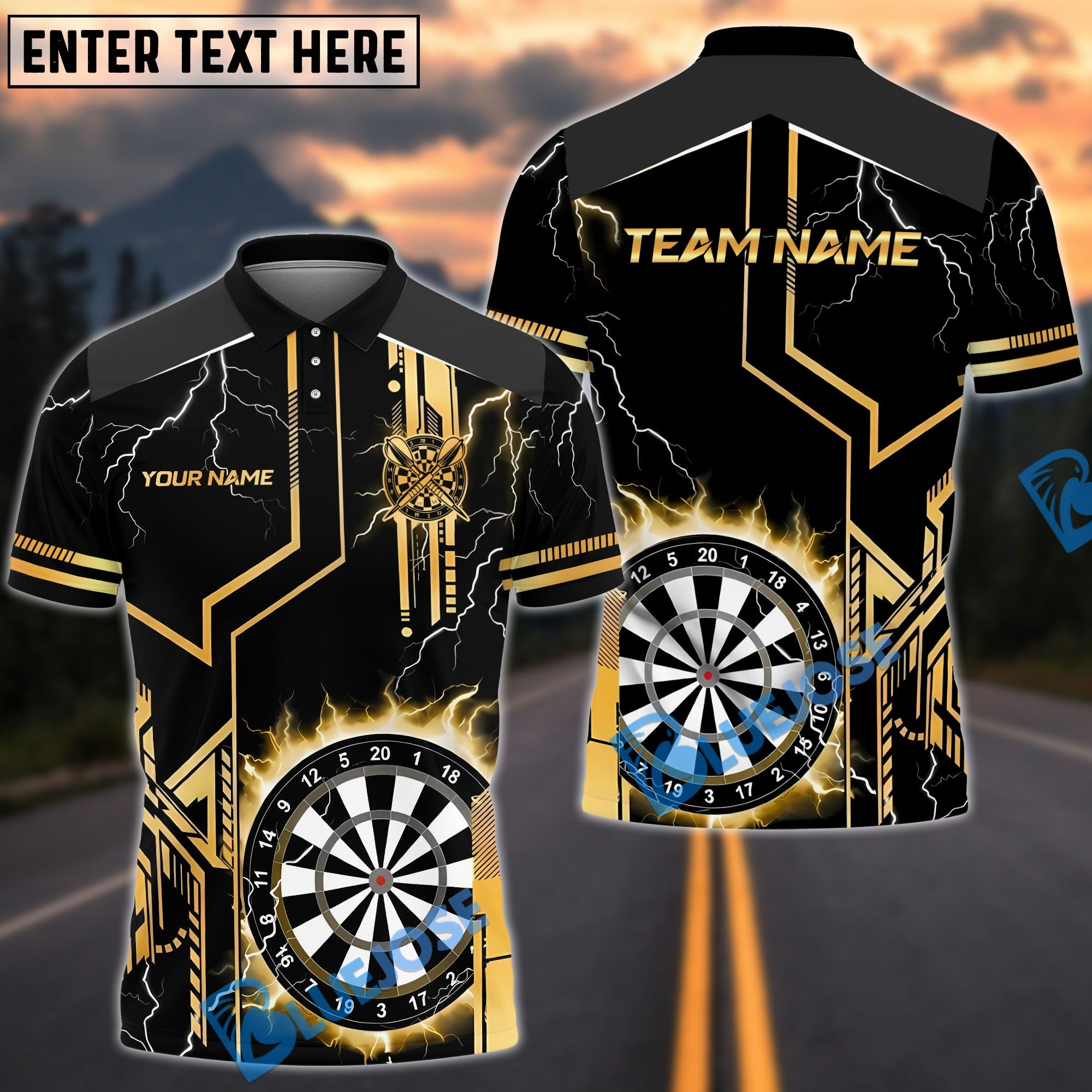 BlueJose Darts Game Lightning Target Personalized Name, Team Name Shirt (4 Colors)