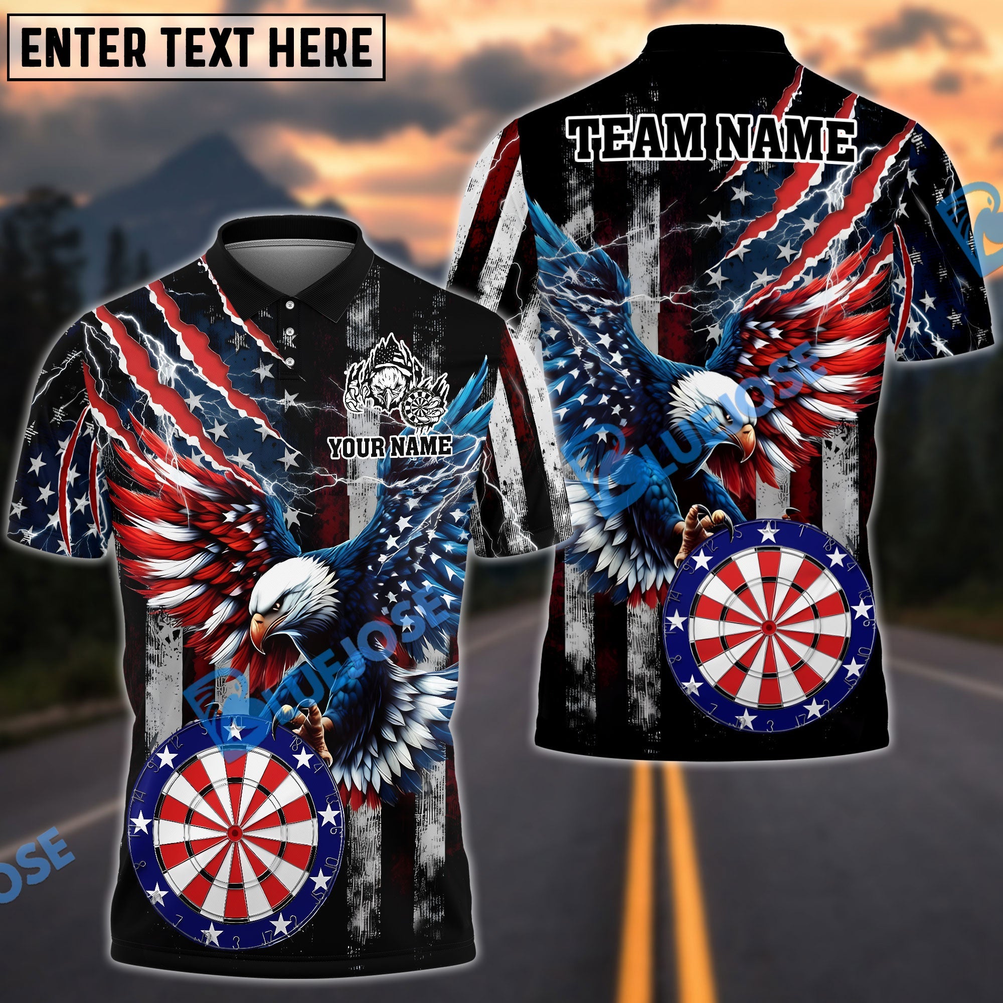BlueJose Darts Eagle American Flag Lightning Personalized Name Shirt