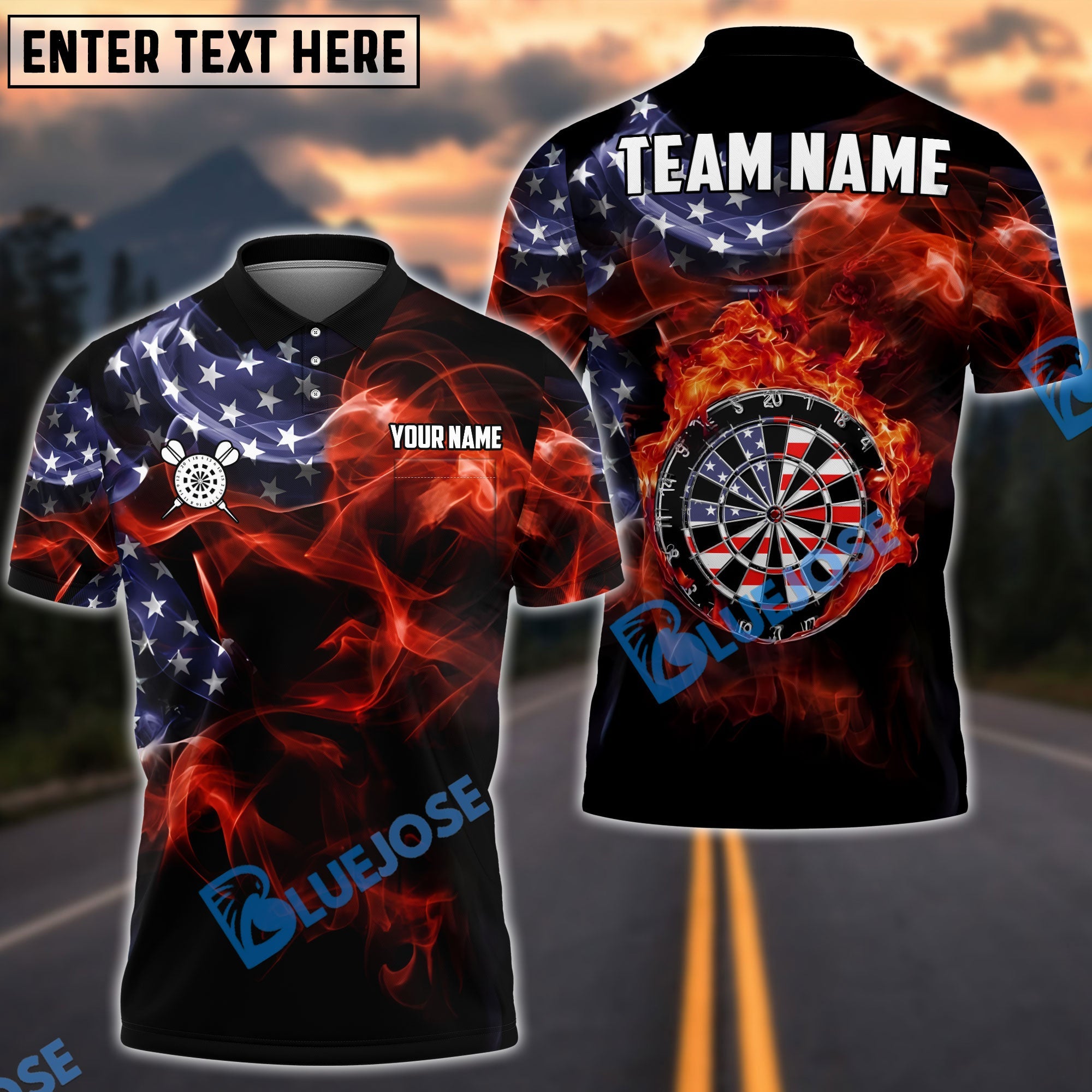 BlueJose Darts American Flag Fire Dartboard Personalized Name Shirt