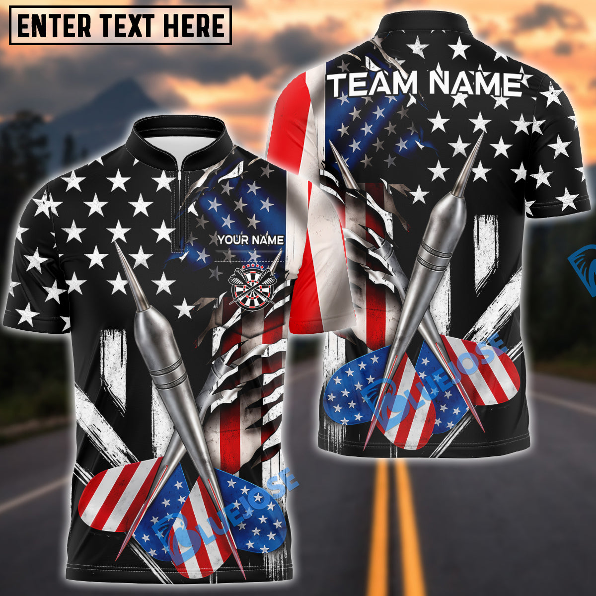BlueJose Darts American Flag Metallic Arow Patriotic Design Personalized Name Shirt