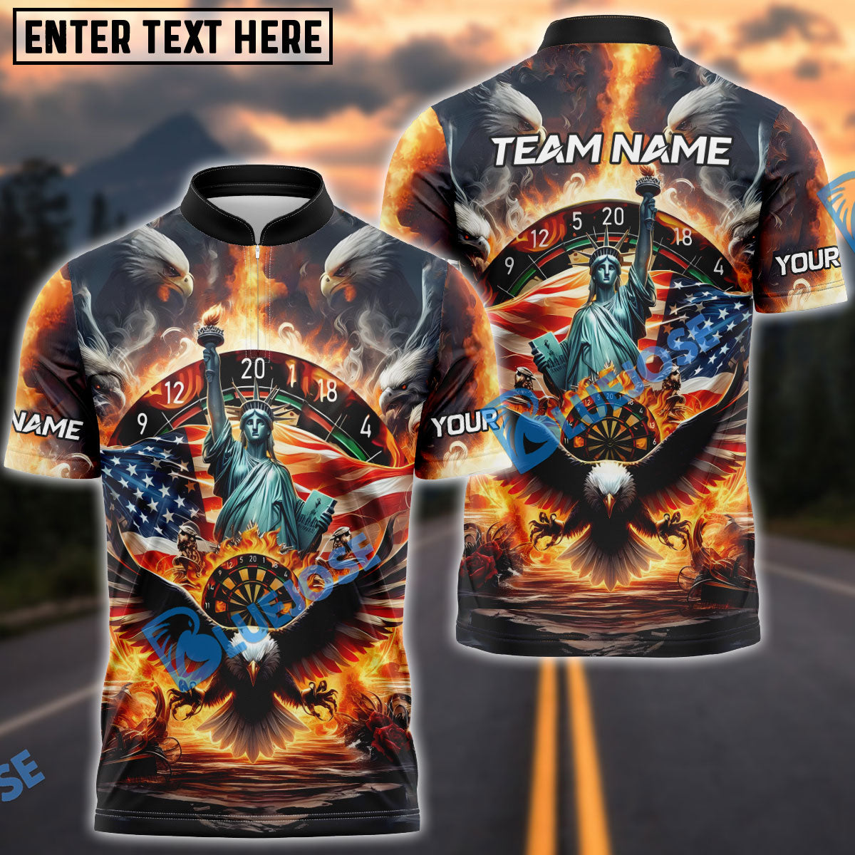 BlueJose Darts American Liberty Eagle Fire Design Customized Name, Team Name 3D Shirt (4 Colors)