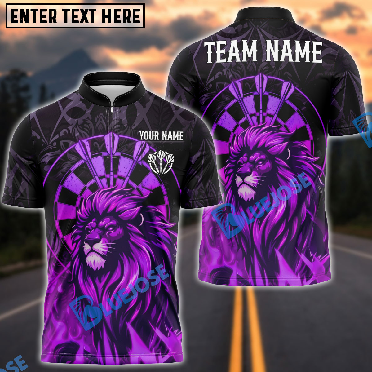 BlueJose Darts Lion Neon Flame Artwork Personalized Name, Team Name Unisex Shirt (4 Colors)