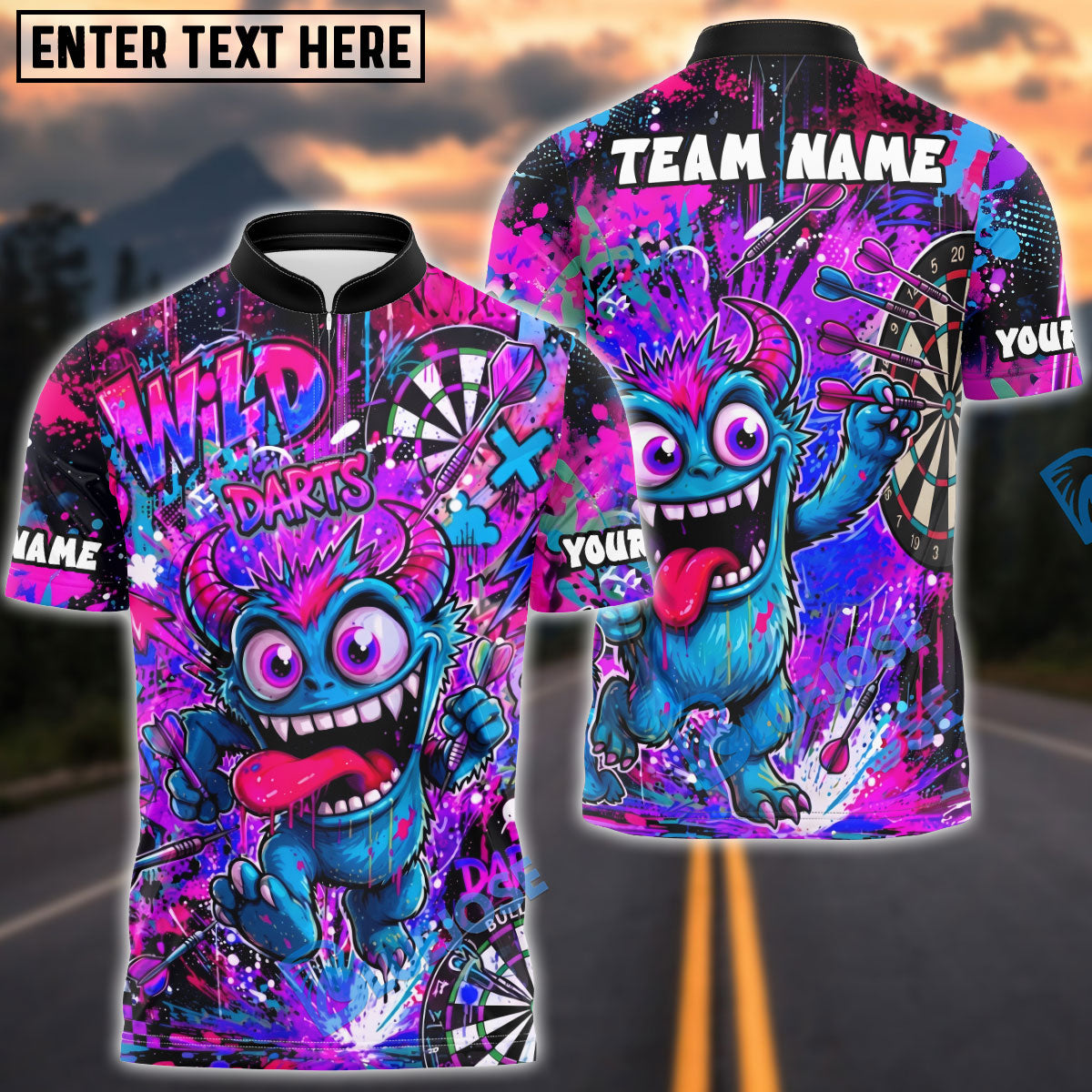 BlueJose Darts Crazy Monster Graffiti Personalized Name, Team Name Unisex Shirt (4 Colors)