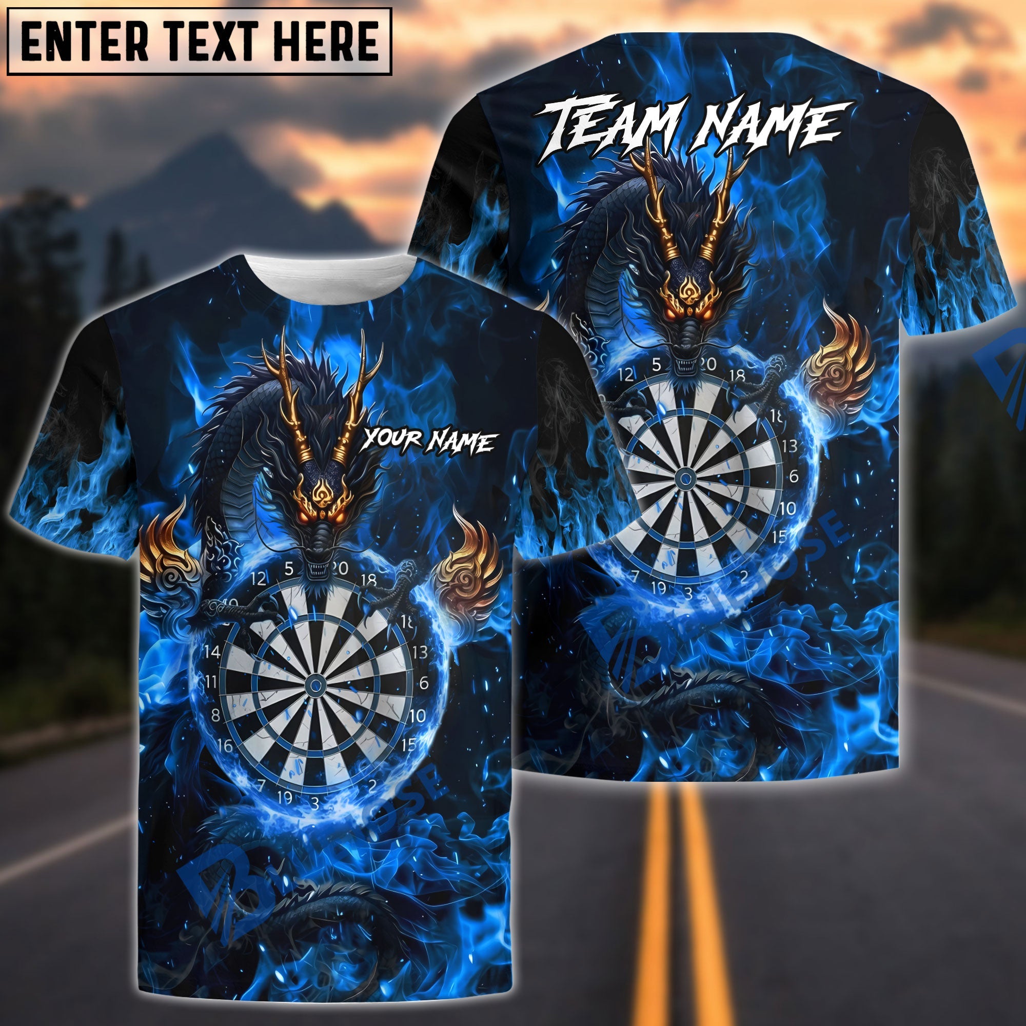 BlueJose Darts Mystic Dragon Fire Dartboard Design Multicolor Options Personalized Name Shirt (6 Colors)