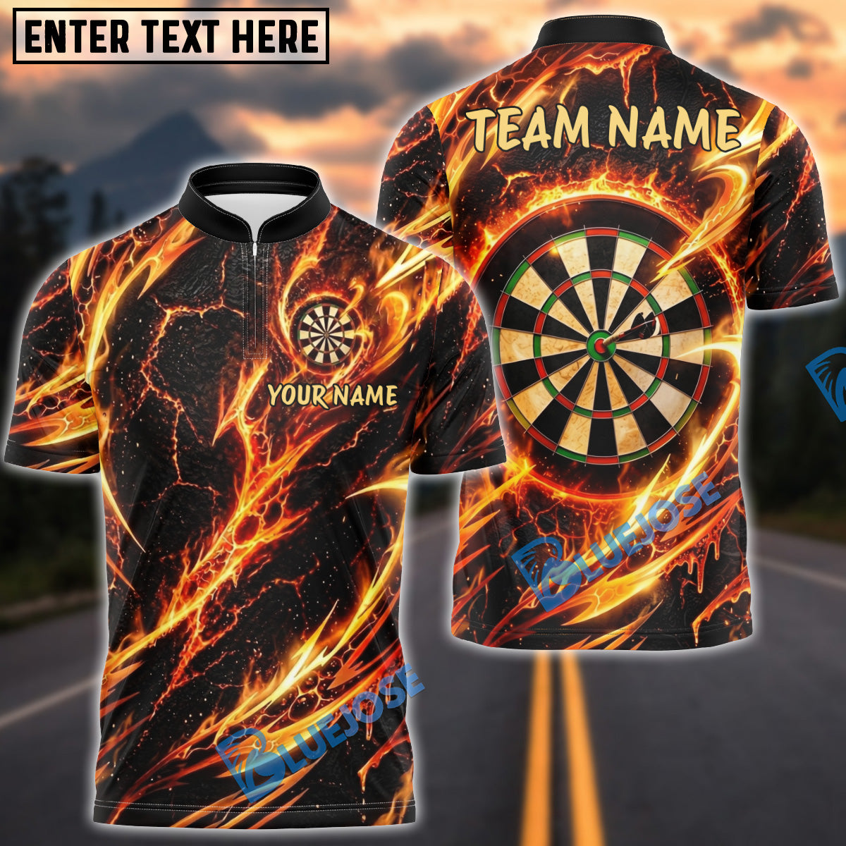 BlueJose Darts Blazing Firestorm Cool Bullseye Personalized Name, Team Name Unisex Shirt (4 Colors)