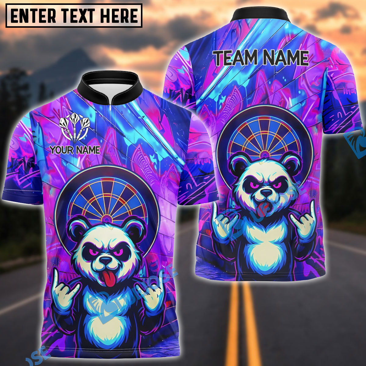 BlueJose Darts Rocker Panda Dartboard Personalized Name, Team Name Shirt (4 Colors)