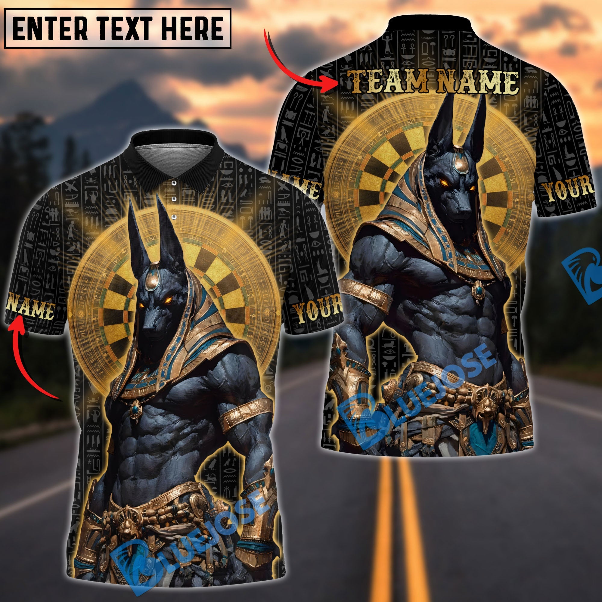 BlueJose Darts Anubis Egyptian Gold Mystic Design Multicolor Options Personalized Name Shirt (6 Colors)