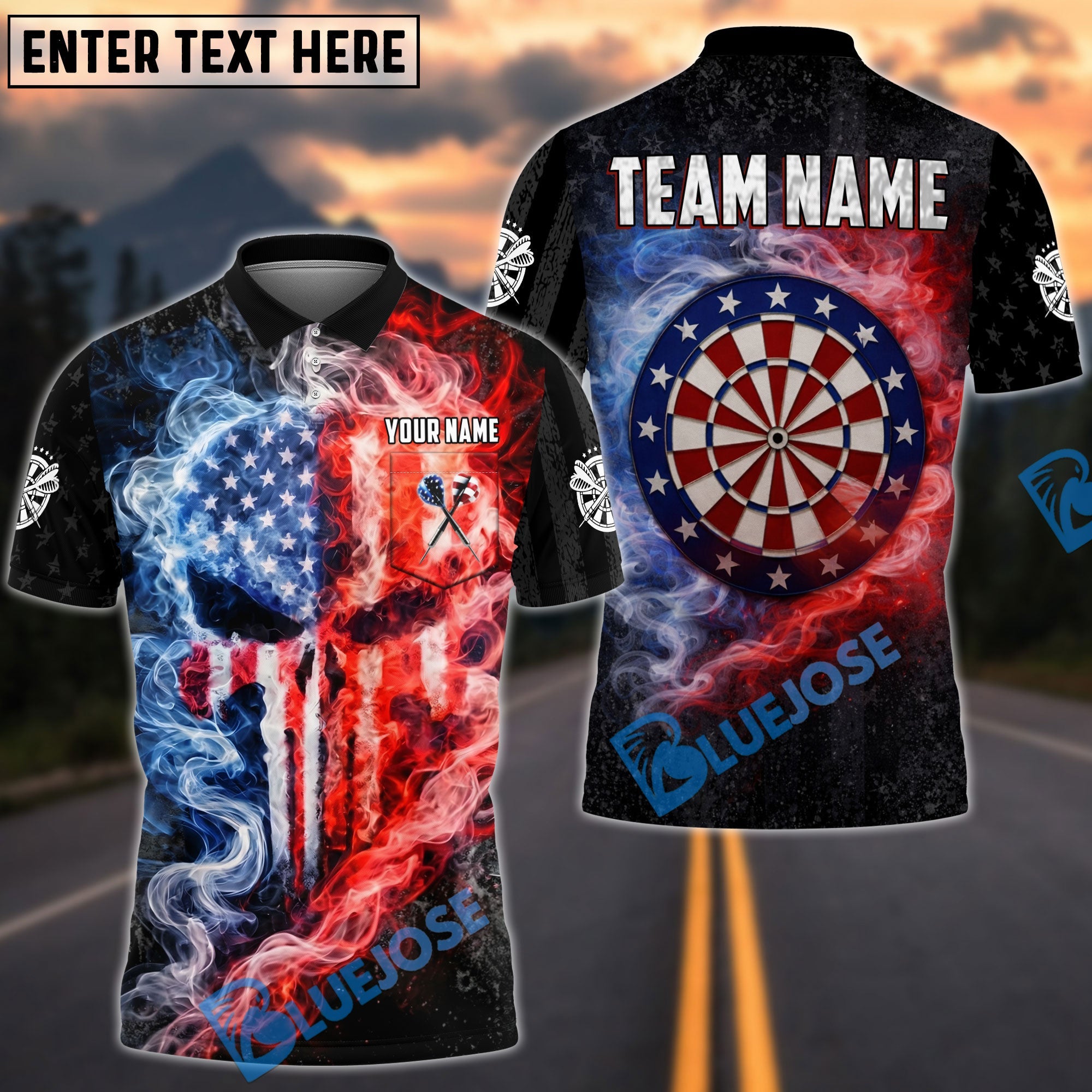 BlueJose Darts American Flag Smoke Fire Dartboard Punisher Skull Design Personalized Name Shirt