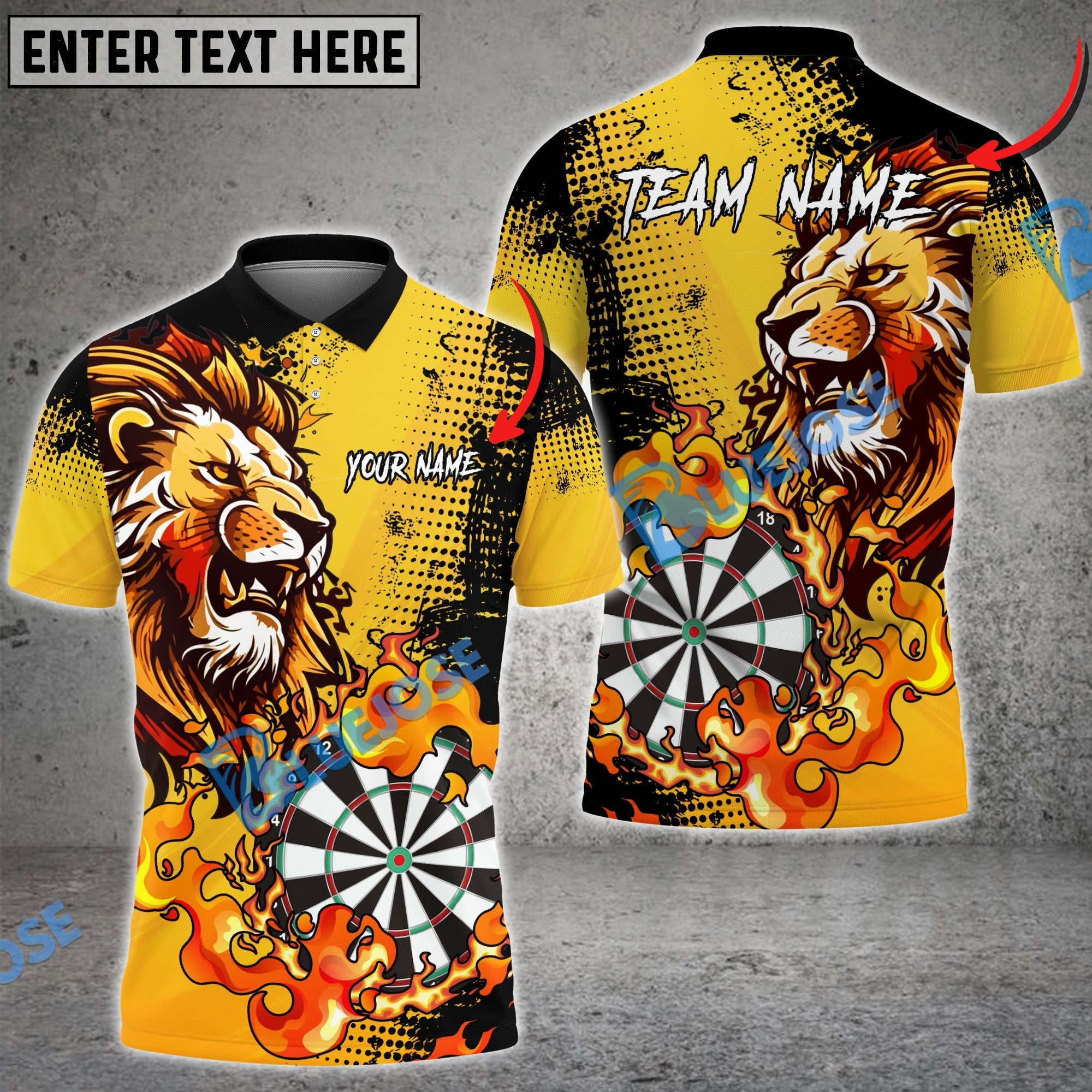 BlueJose Darts Flame Lion Personalized Name, Team Name Pocket Shirt (4 Colors)