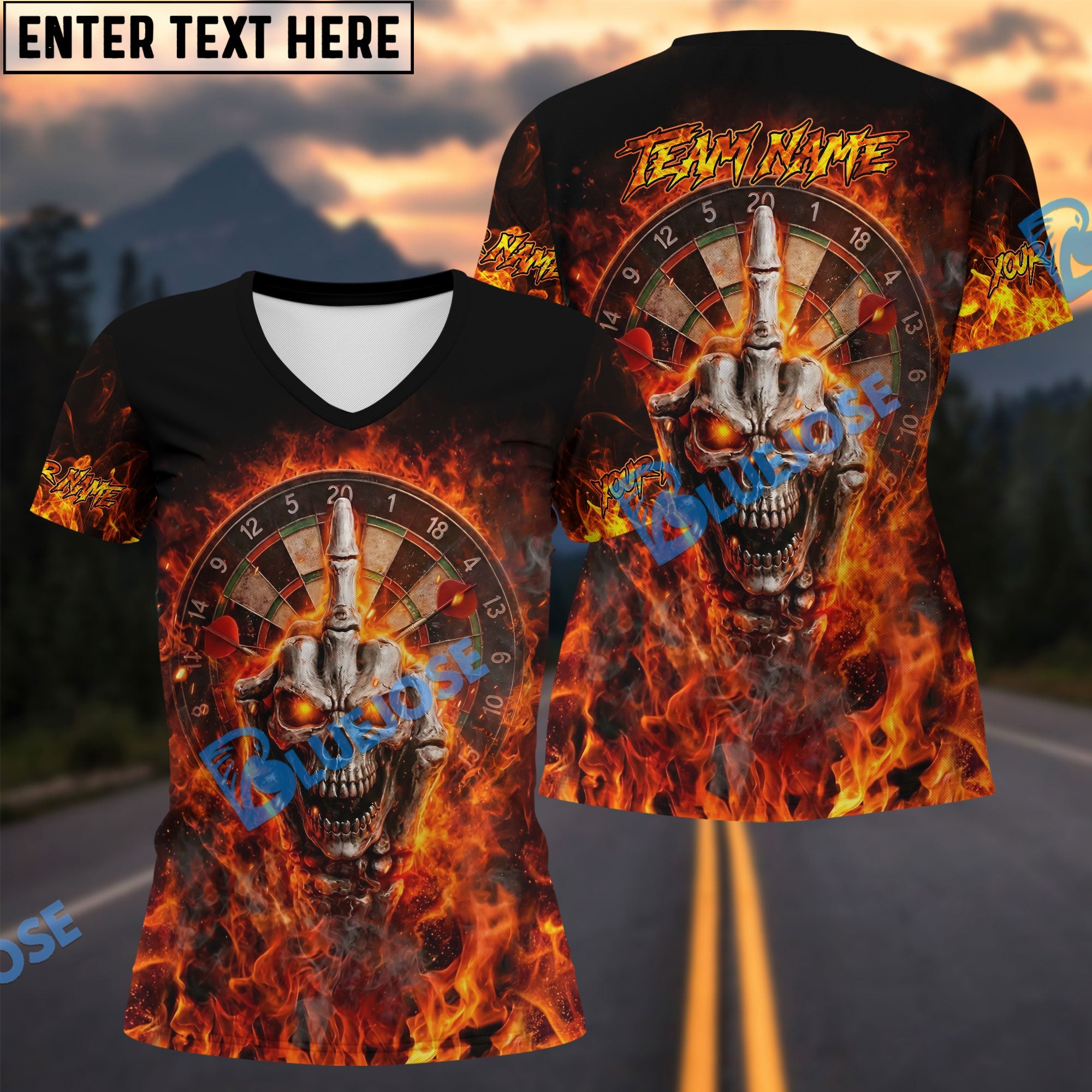 BlueJose Darts Flaming Skull Face Skeleton Middle Finger Dartboard Multicolor Options Personalized Name Shirt (4 Colors)