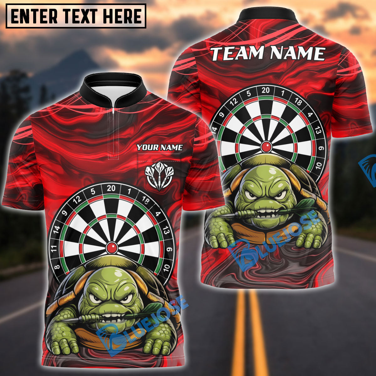 BlueJose Darts Grumpy Turtle Personalized Name, Team Name Unisex Shirt (4 Colors)
