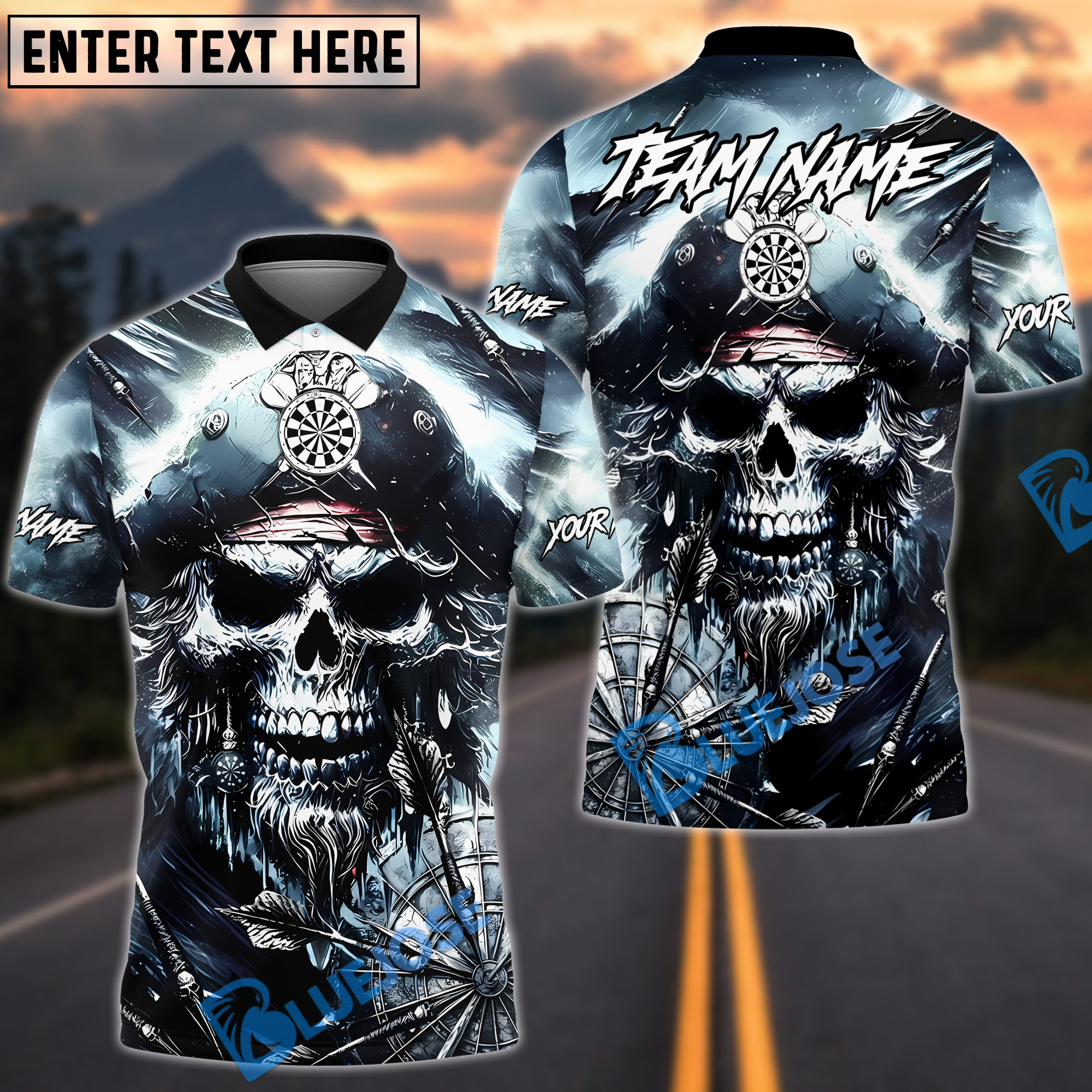 BlueJose Darts Pirate Skull Storm Design Personalized Name, Team Name Unisex Shirt (4 Colors)