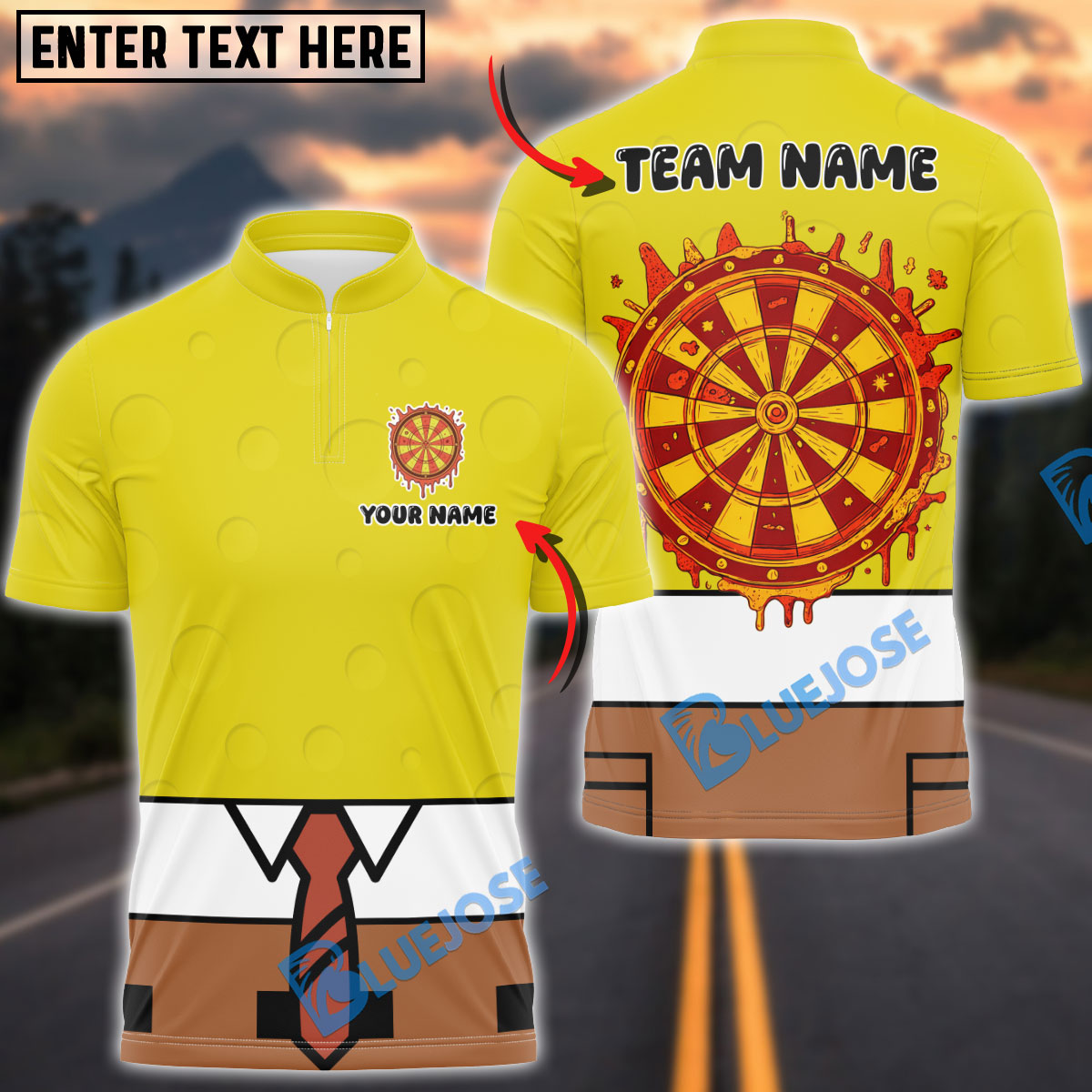BlueJose Darts Spongebob Cheesy Hero Personalized Name, Team Name Shirt