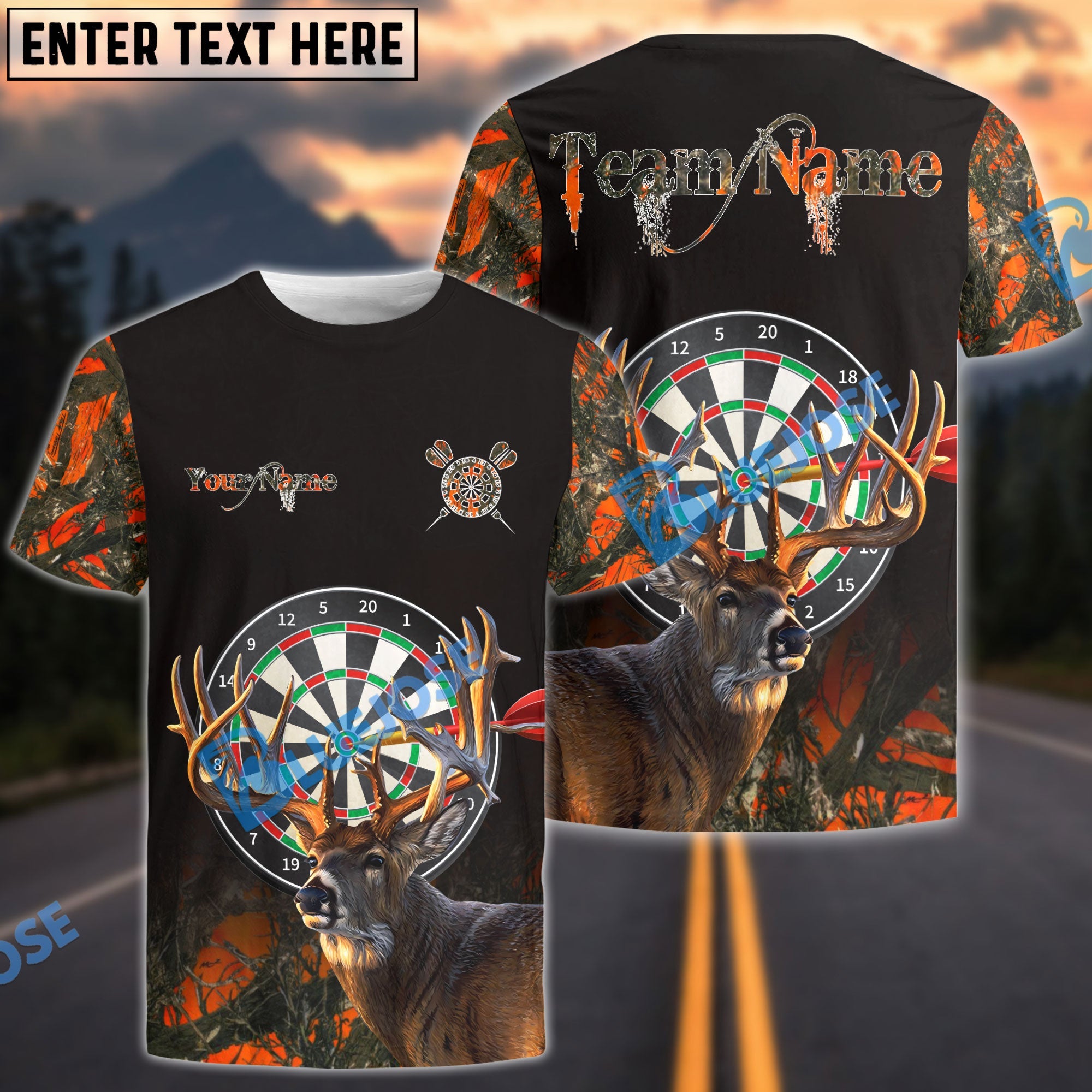 BlueJose Darts Deer Hunting Camo Multicolor Options Personalized Name Shirt (4 Colors)