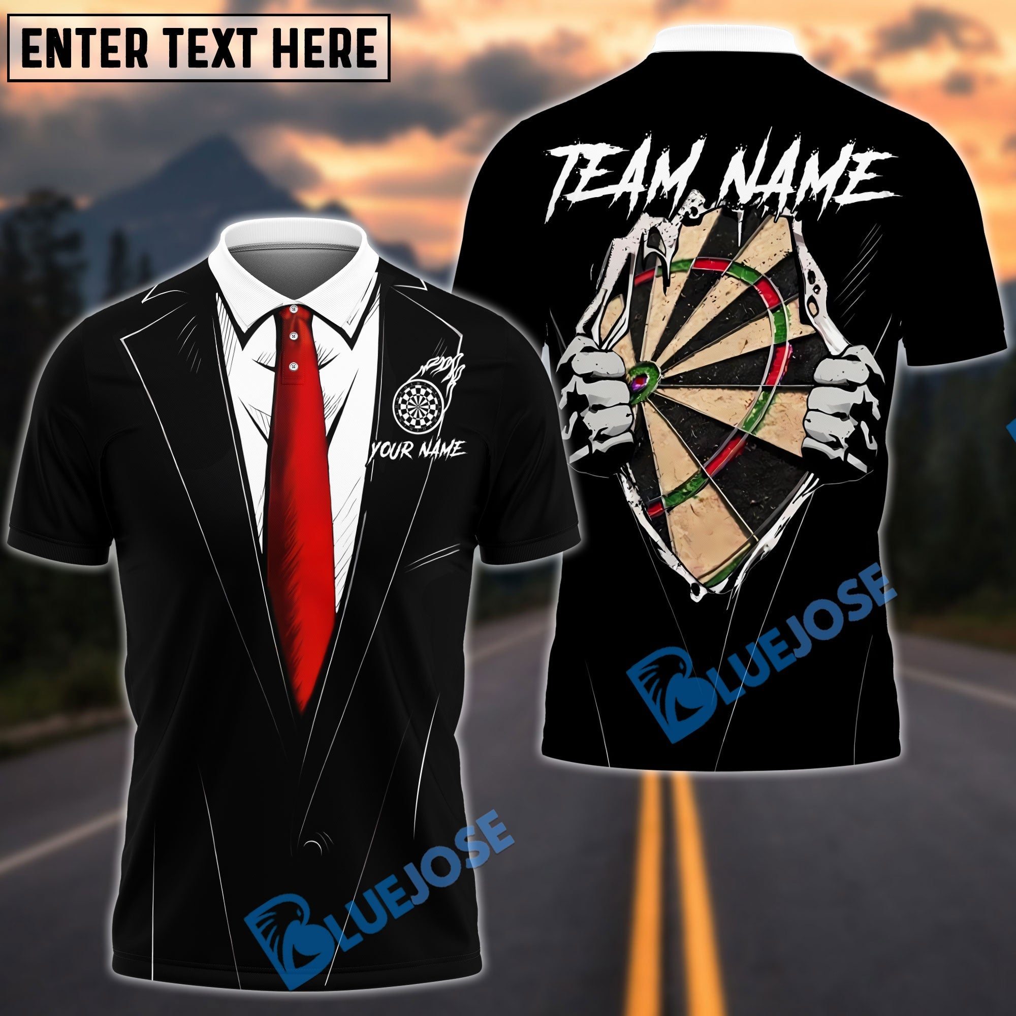 BlueJose Darts Tuxedo Style Hidden Dartboard Customized Name, Team Name 3D Shirt (4 Colors)