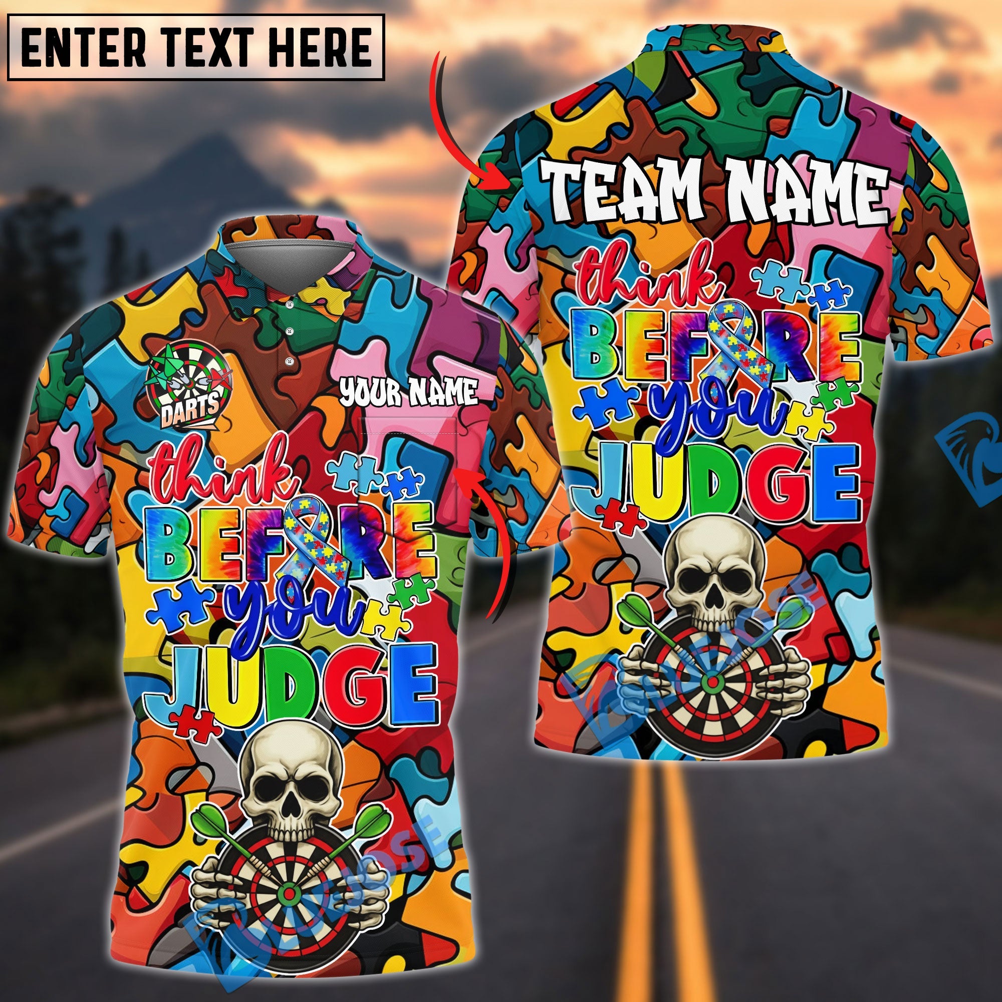 BlueJose Darts Think Before You Judge Puzzle Skull Personalized Name, Team Name Shirt