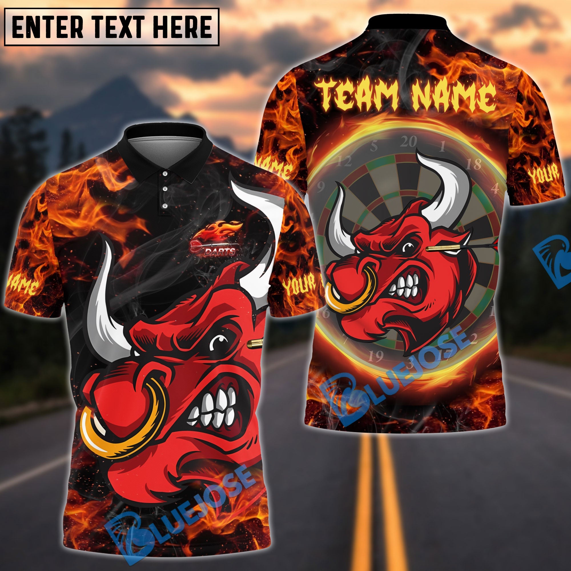 BlueJose Darts Fire Bull Customized Name, Team Name 3D Shirt (4 Colors)