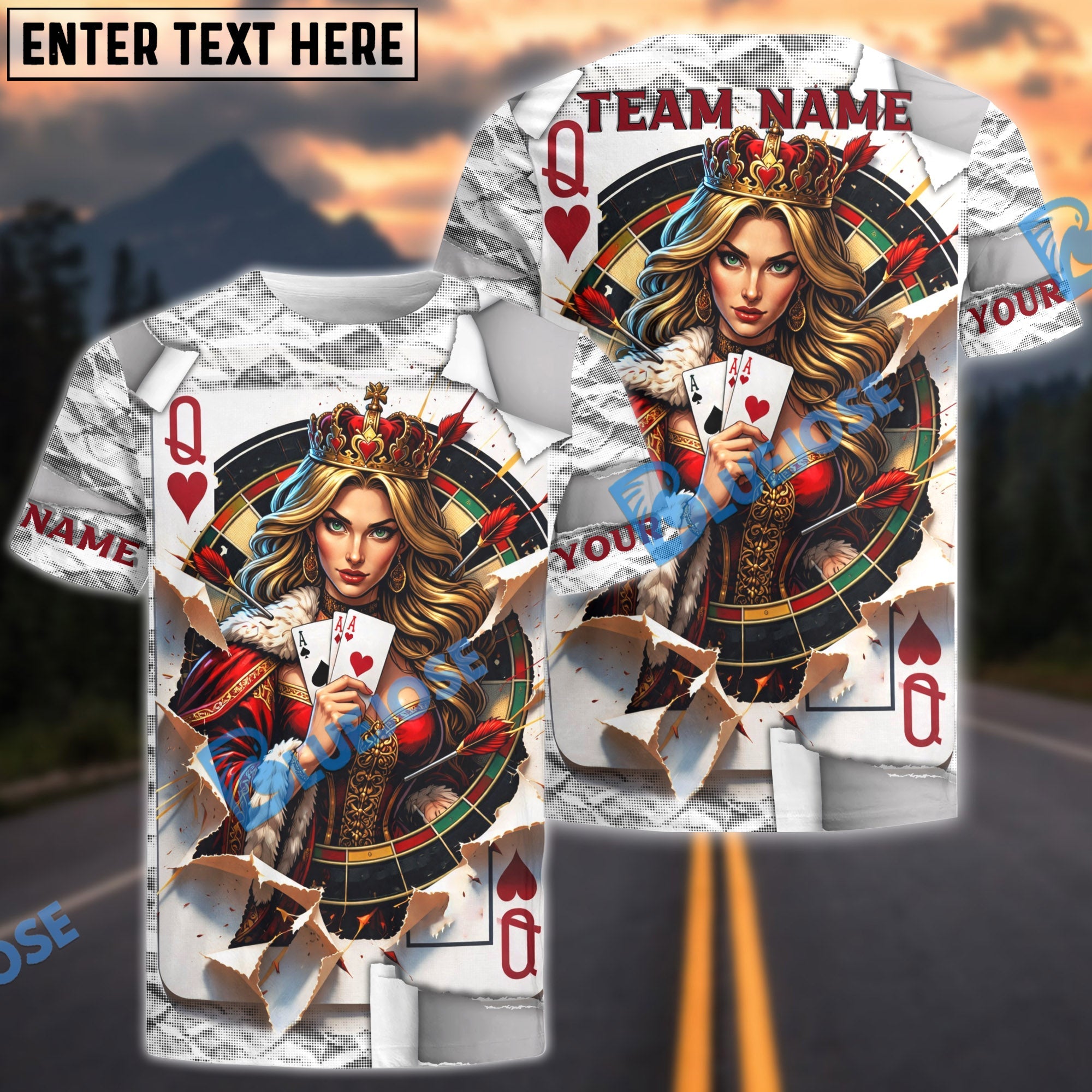 BlueJose Darts Queen of Hearts Royal Casino Style Personalized Name Shirt