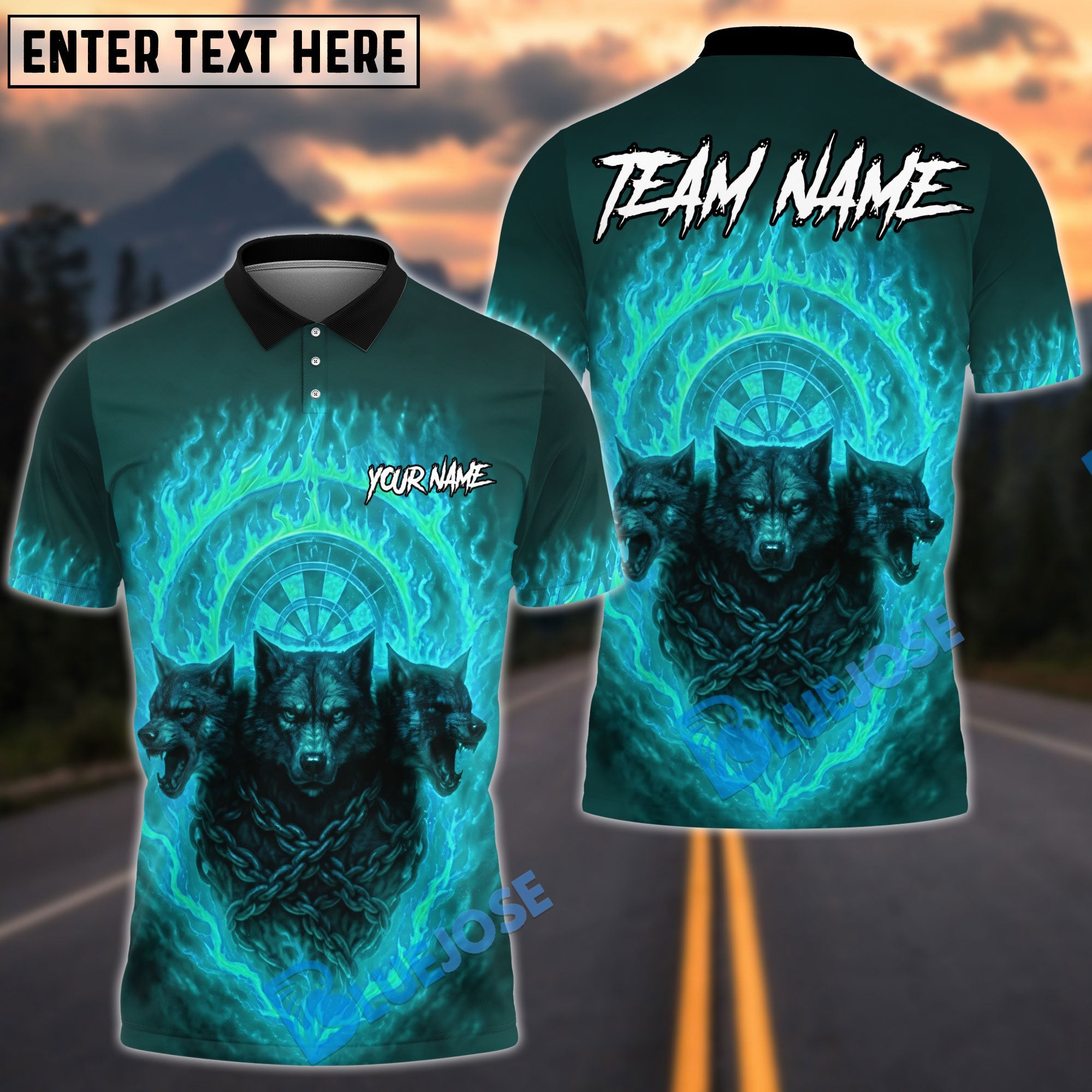 BlueJose Darts Three Wolves Fire Dartboard Personalized Name, Team Name Unisex Shirt (4 Colors)