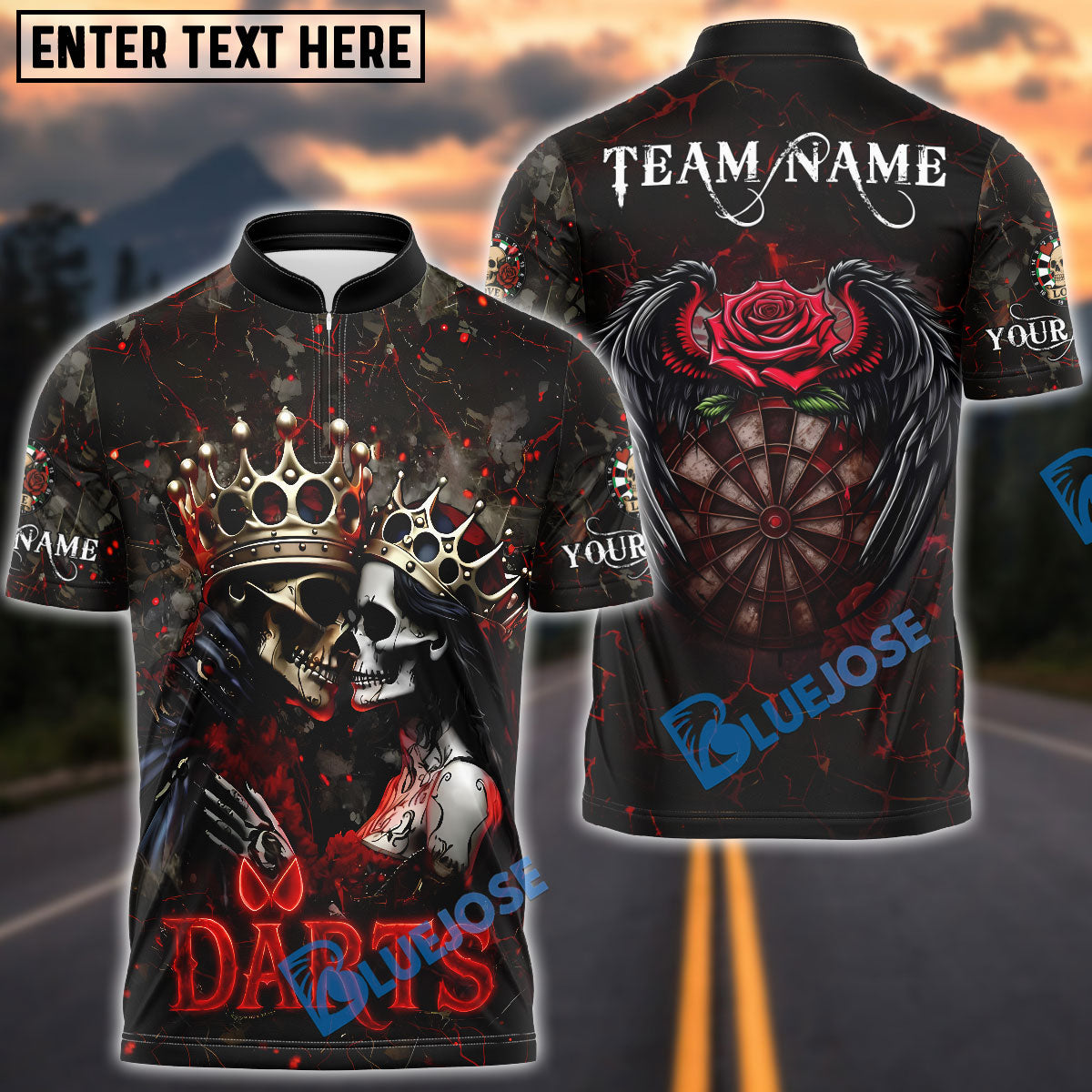 BlueJose Darts Skull Couple Crown Gothic Dartboard Design Personalized Name, Team Name Shirt (4 Colors)