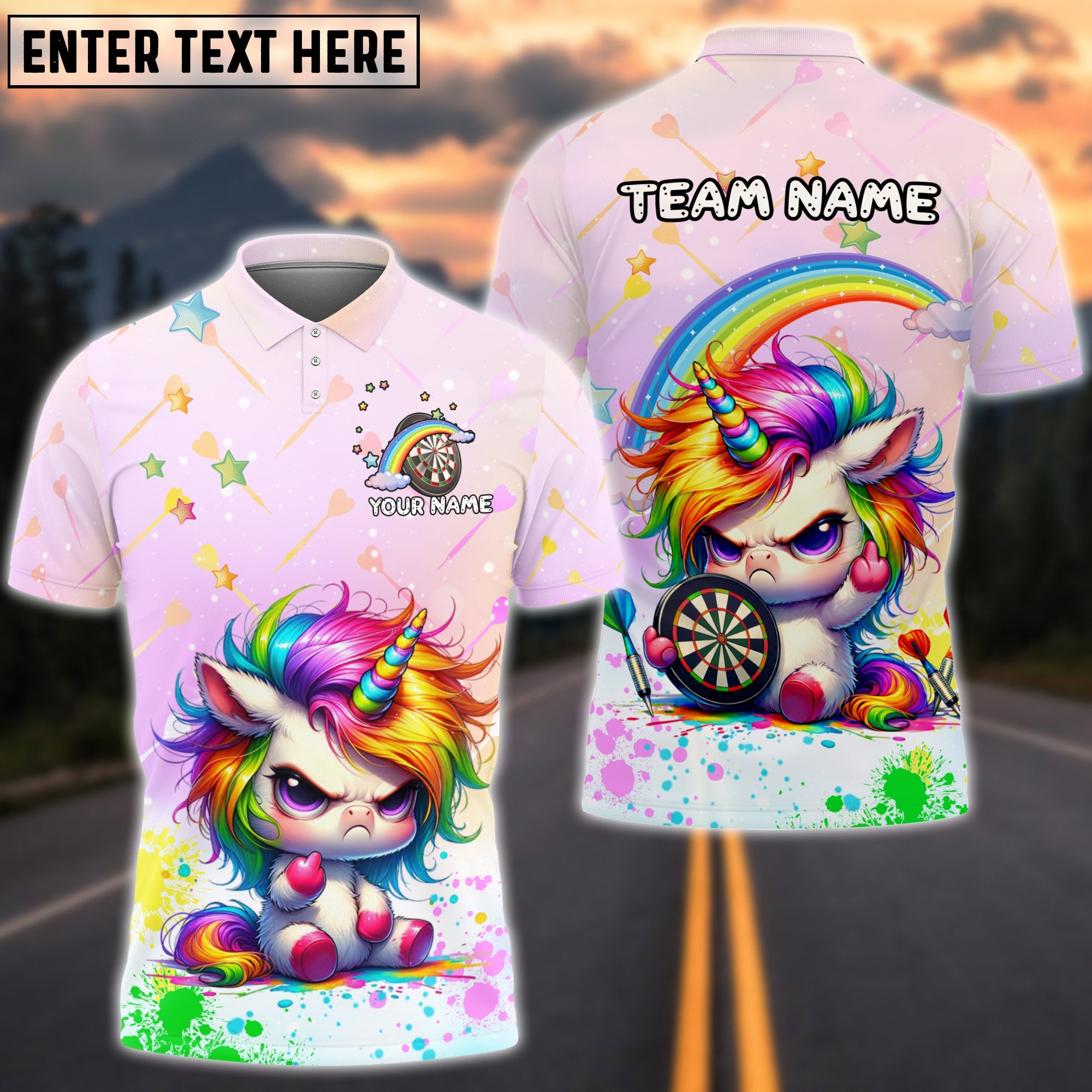 BlueJose Darts Cute Angry Unicorn Rainbow Dartboard Personalized Name Shirt
