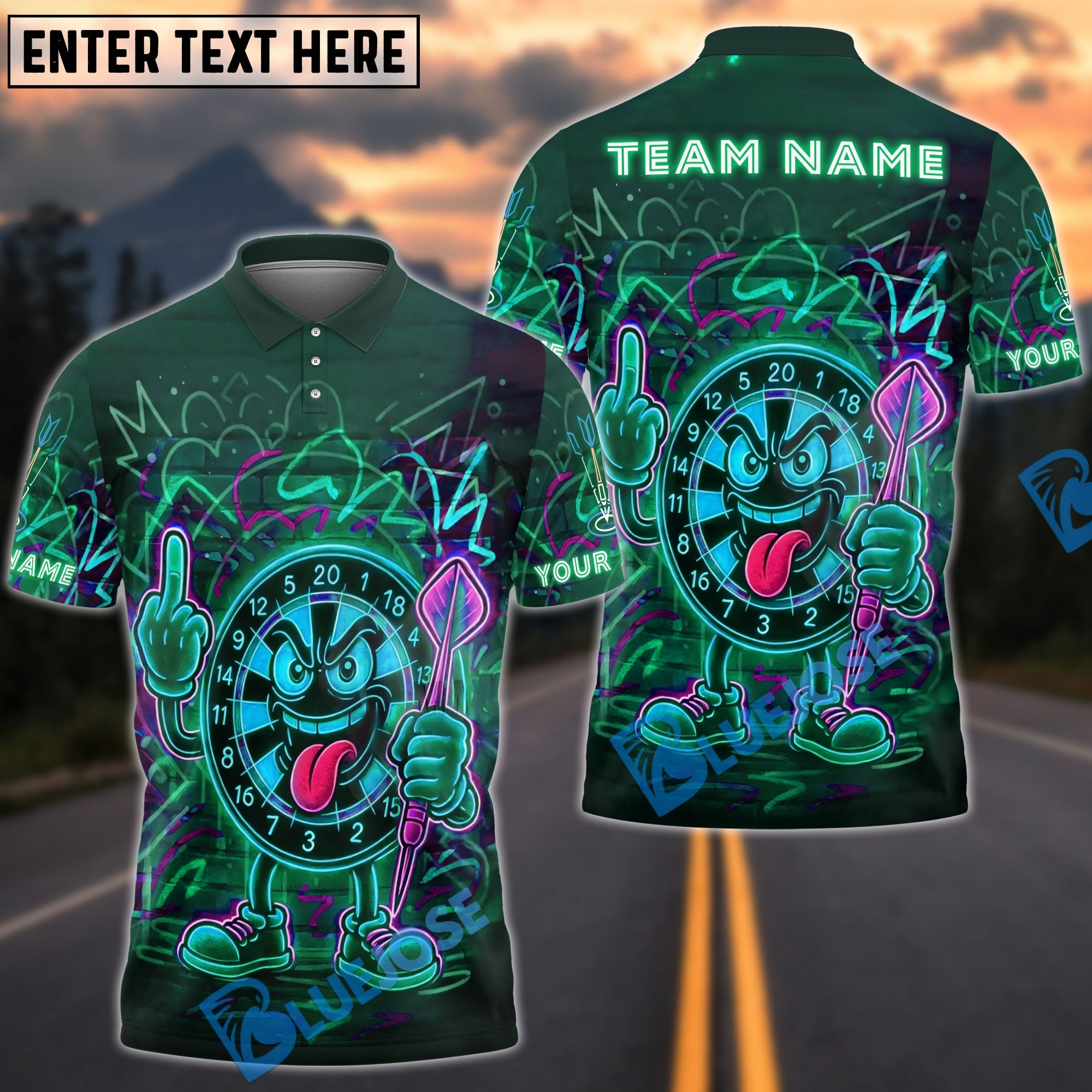 BlueJose Darts Angry Dartboard Neon Style Customized Name, Team Name 3D Shirt (4 Colors)