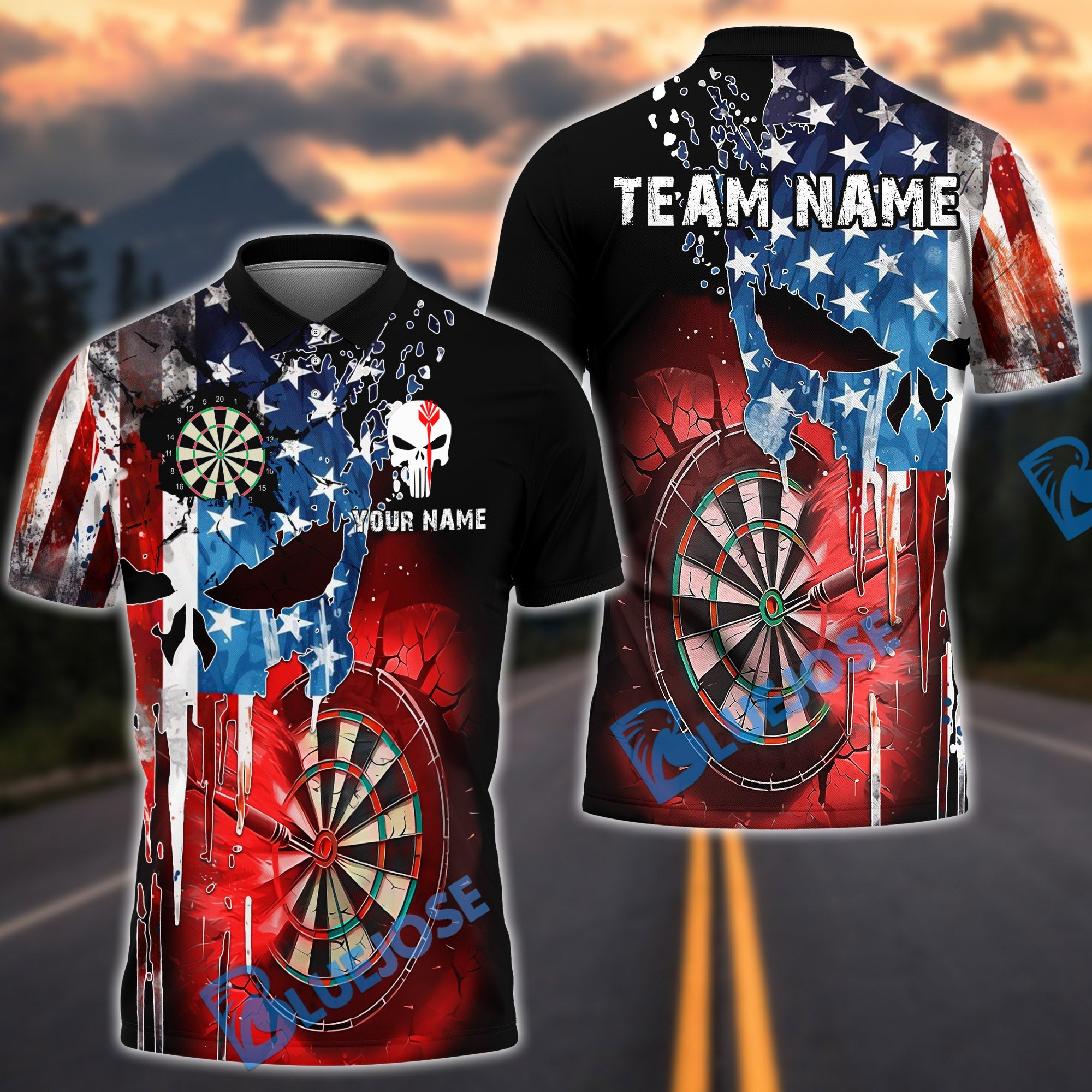 BlueJose Darts American Flag Punisher Multicolor Options Personalized Name Shirt (6 Colors)