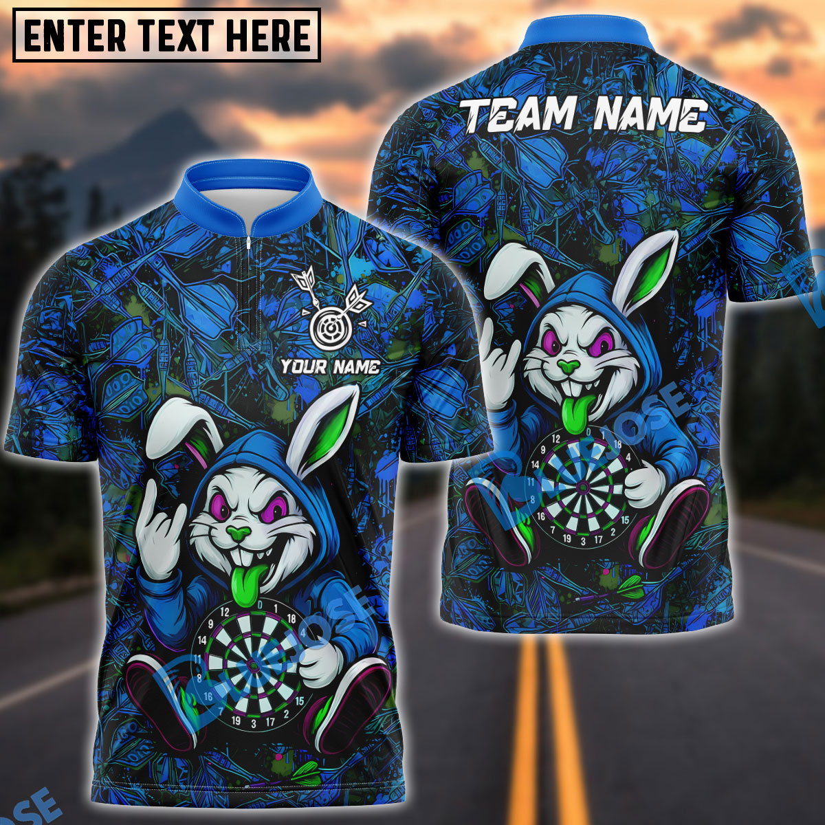 BlueJose Darts Urban Crazy Bunny Customized Name, Team Name 3D Shirt (4 Colors)